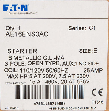 Cutler Hammer AE16ENS0AC Motor Starter 3 pole 3 phase 600V 25A 110V coil Freedom Series