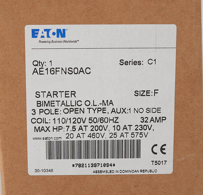 Cutler Hammer AE16FNS0AC Motor Starter 3 pole 3 phase 600V 32A 110V coil Freedom Series