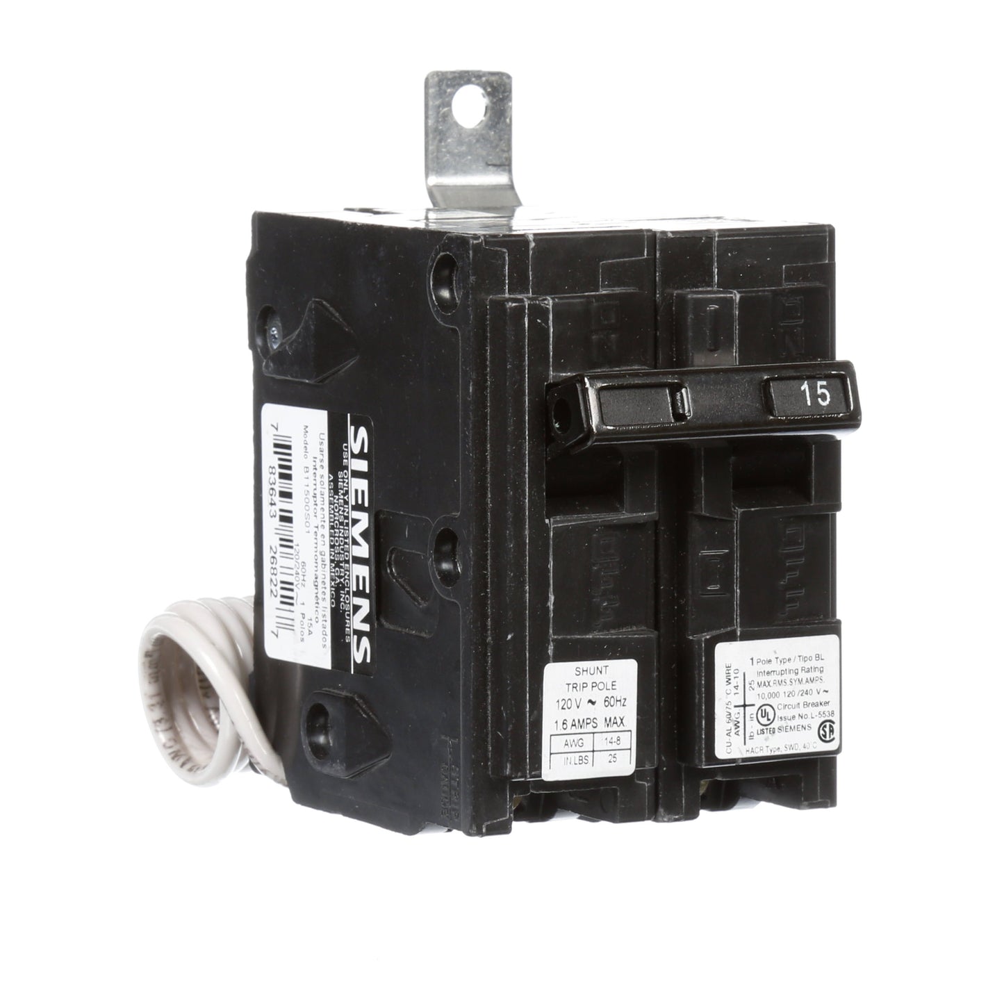 Siemens B11500S01 Circuit Breaker | 120V 15A 1P 10kA@240V Bolt-on BL Series
