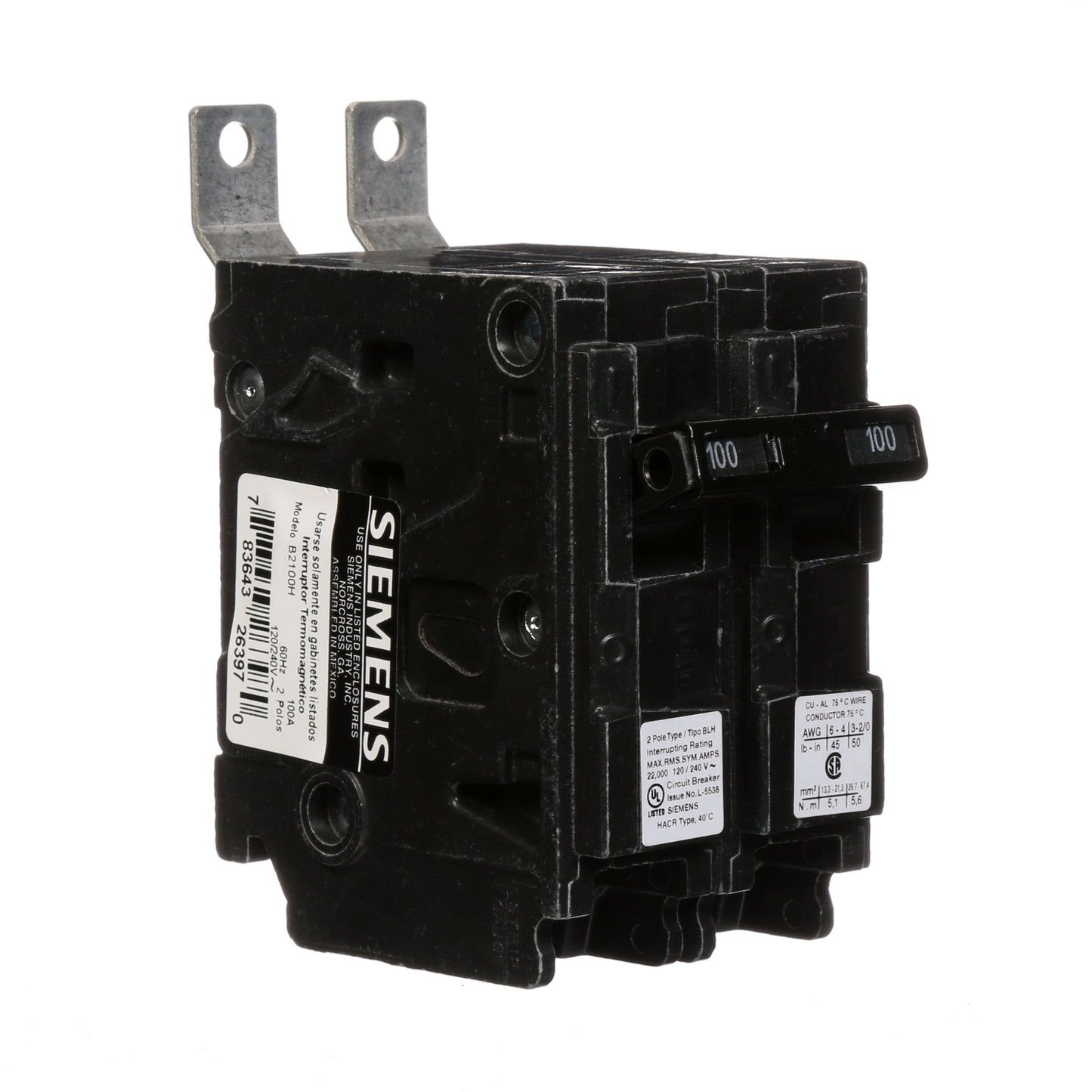Siemens B2100H Molded Case Circuit Breaker | 120/240V 100A 2 Pole 22kA@240V Bolt-on BL Series