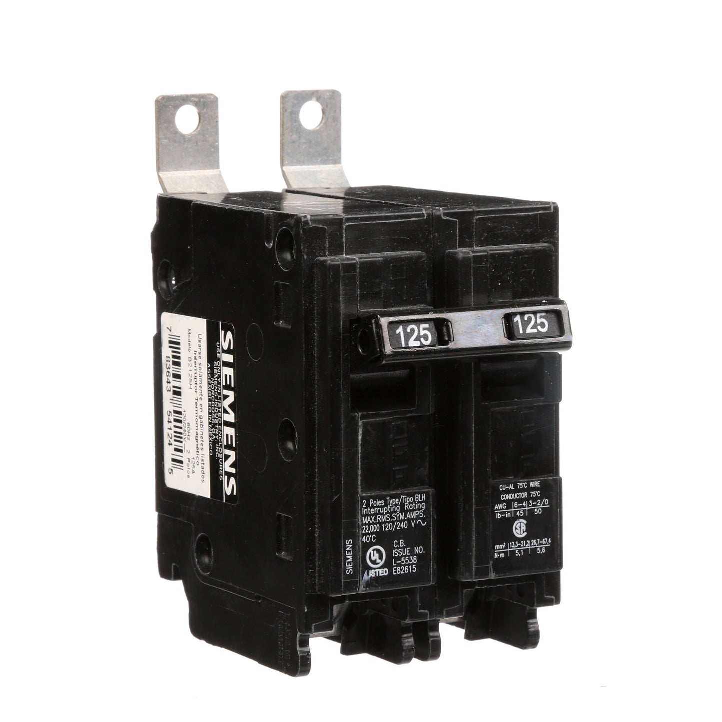 Siemens B2125H Circuit Breaker | 120/240V 125A 2P 22kA@240V Bolt-on BL Series