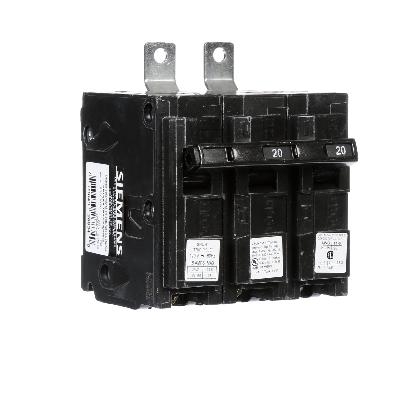 Siemens B22000S01 Molded Case Circuit Breaker | 120/240V 20A 2P 10kA@240V Bolt-on BL Series
