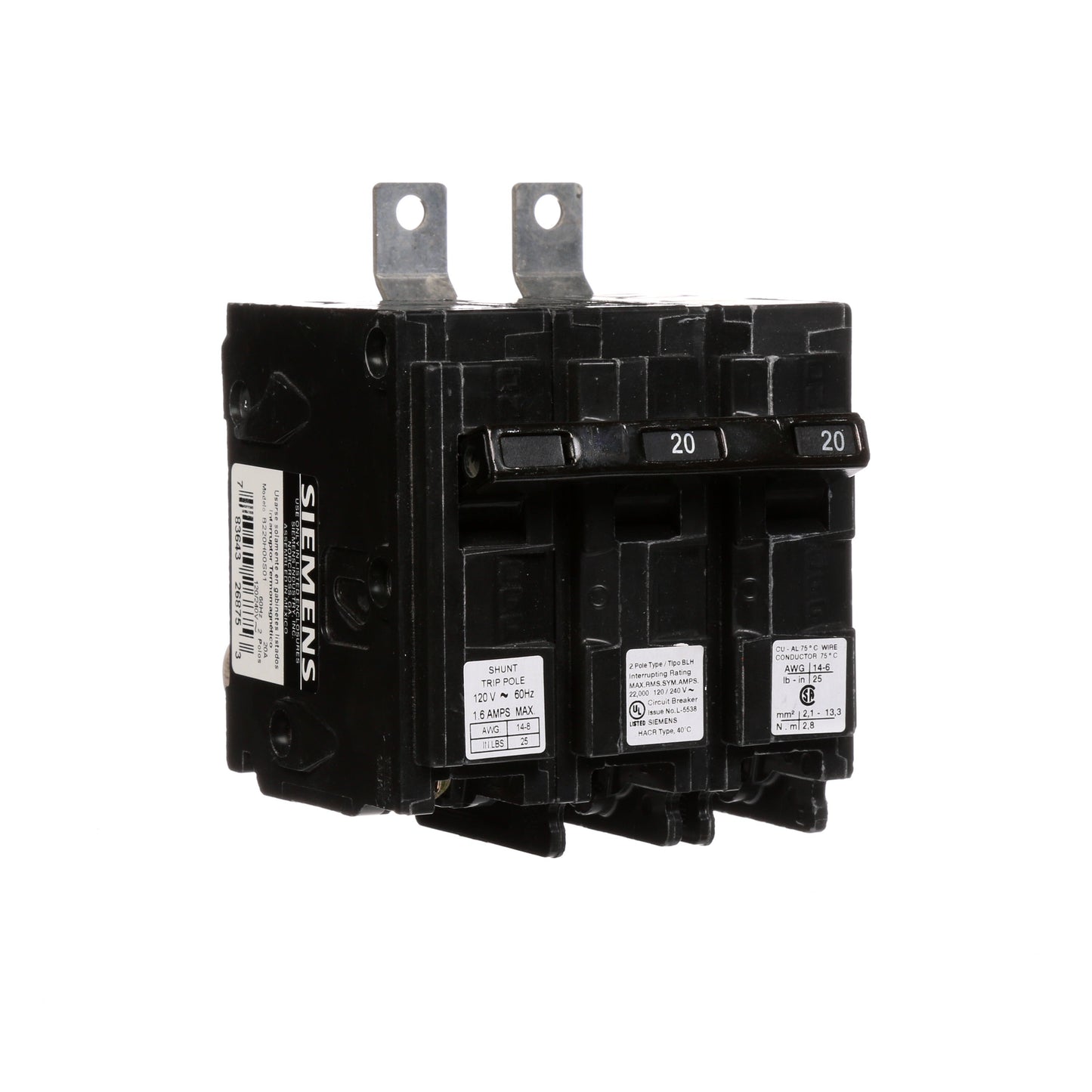 Siemens B220H00S01 Molded Case Circuit Breaker 120/240V 20A 2P 22kA@240V Bolt-on BL Series