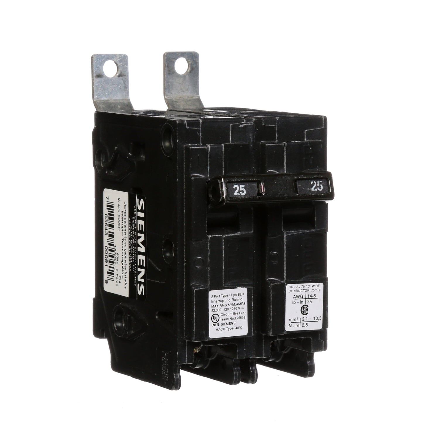 Siemens B225H Circuit Breaker | 120/240V 25A 2P 22kA@240V Bolt-on BL Series