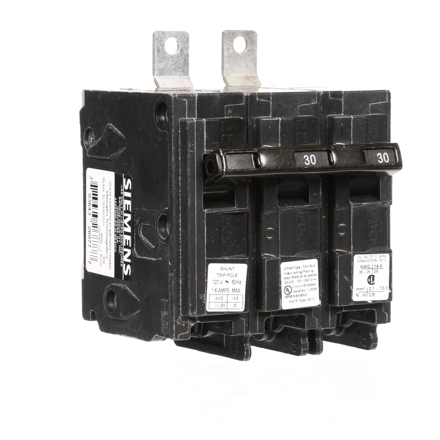 Siemens B230H00S01 Molded Case Circuit Breaker 120/240V 30A 2 Pole 22kA@240V BL Series