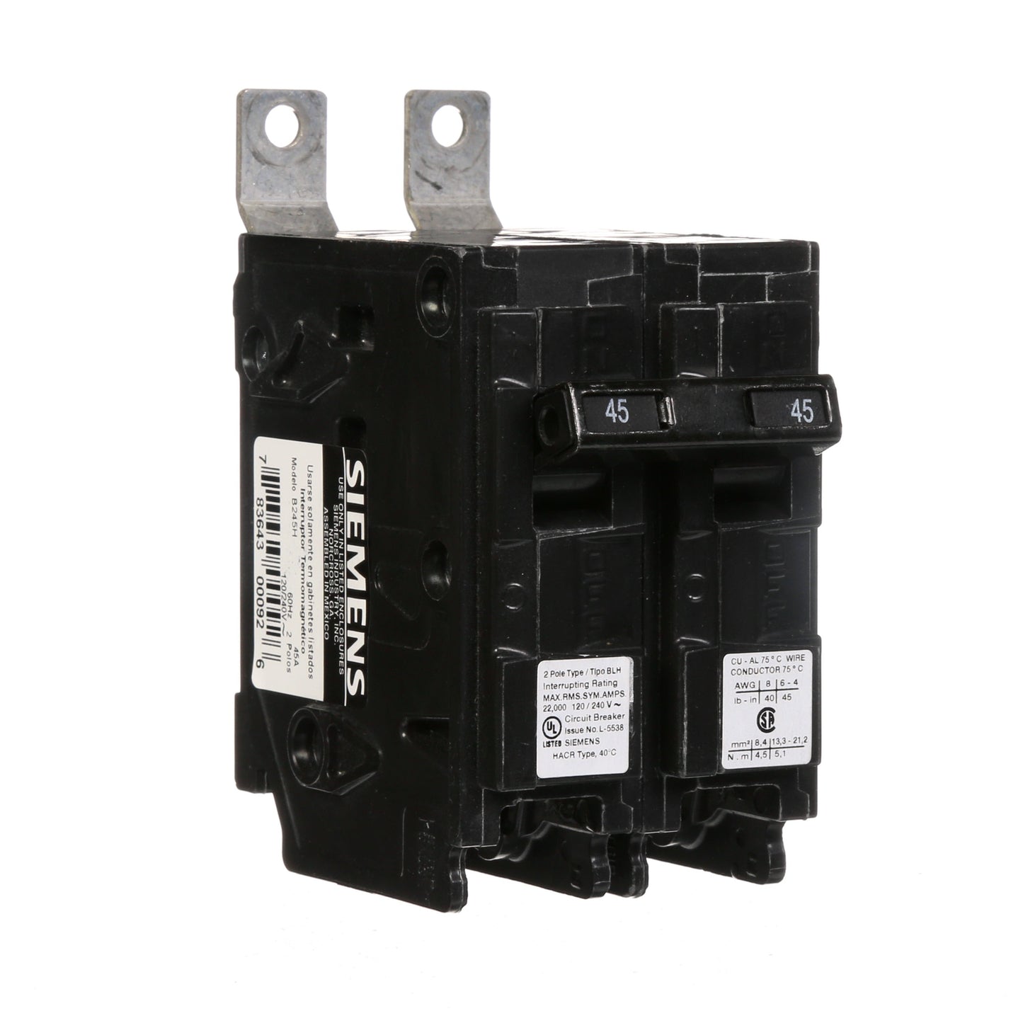 Siemens B245H Circuit Breaker | 120/240V 45A 2P 22kA@240V Bolt-on BL Series