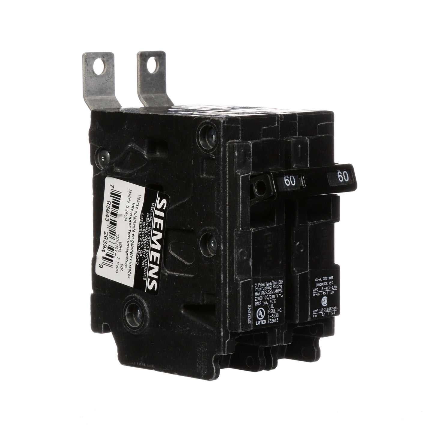 Siemens B260H Circuit Breaker | 120/240V 60A 2P 22kA@240V Bolt-on BL Series