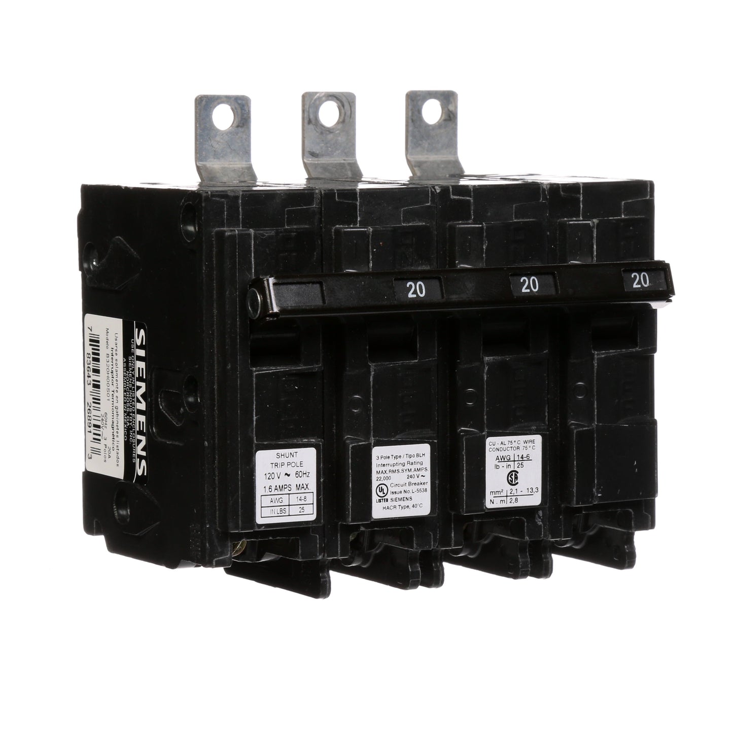 Siemens B320H00S01 Molded Case Circuit Breaker | 240V 20A 3P 22kA@240V Bolt-on BL Series