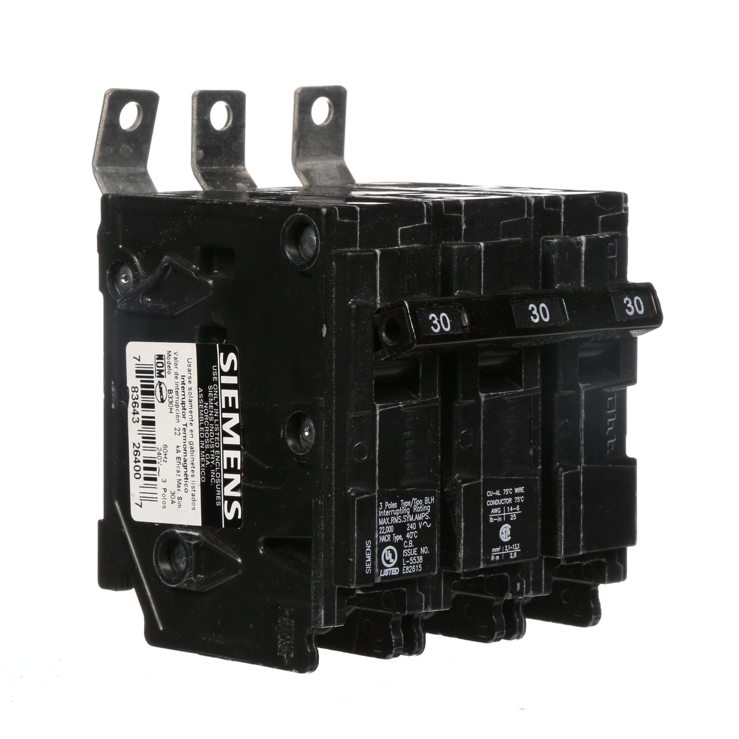 Siemens B330H Circuit Breaker | 240V 30A 3P 22kA@240V Bolt-on BL Series