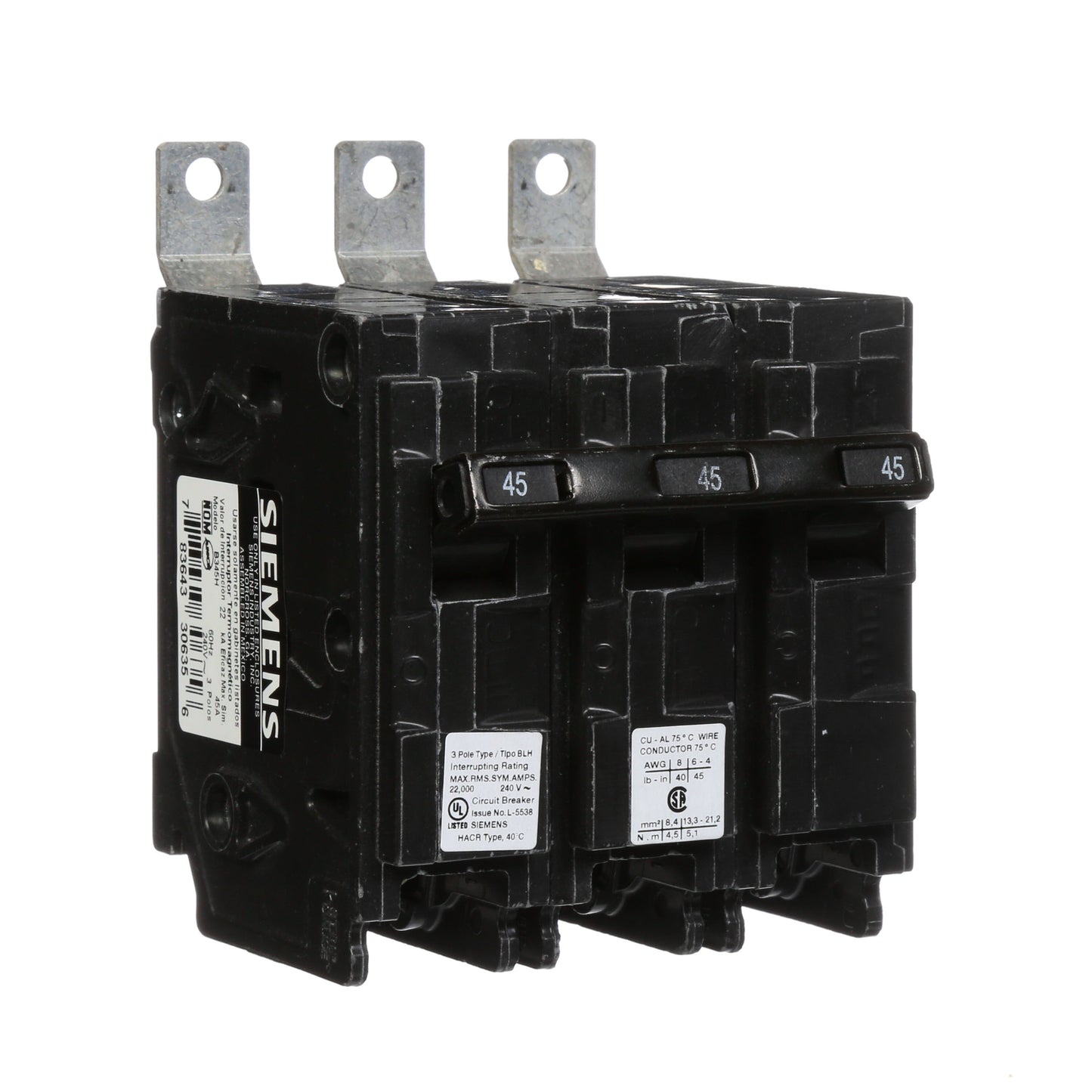Siemens B345H Circuit Breaker | 240V 45A 3P 22kA@240V Bolt-on BL Series