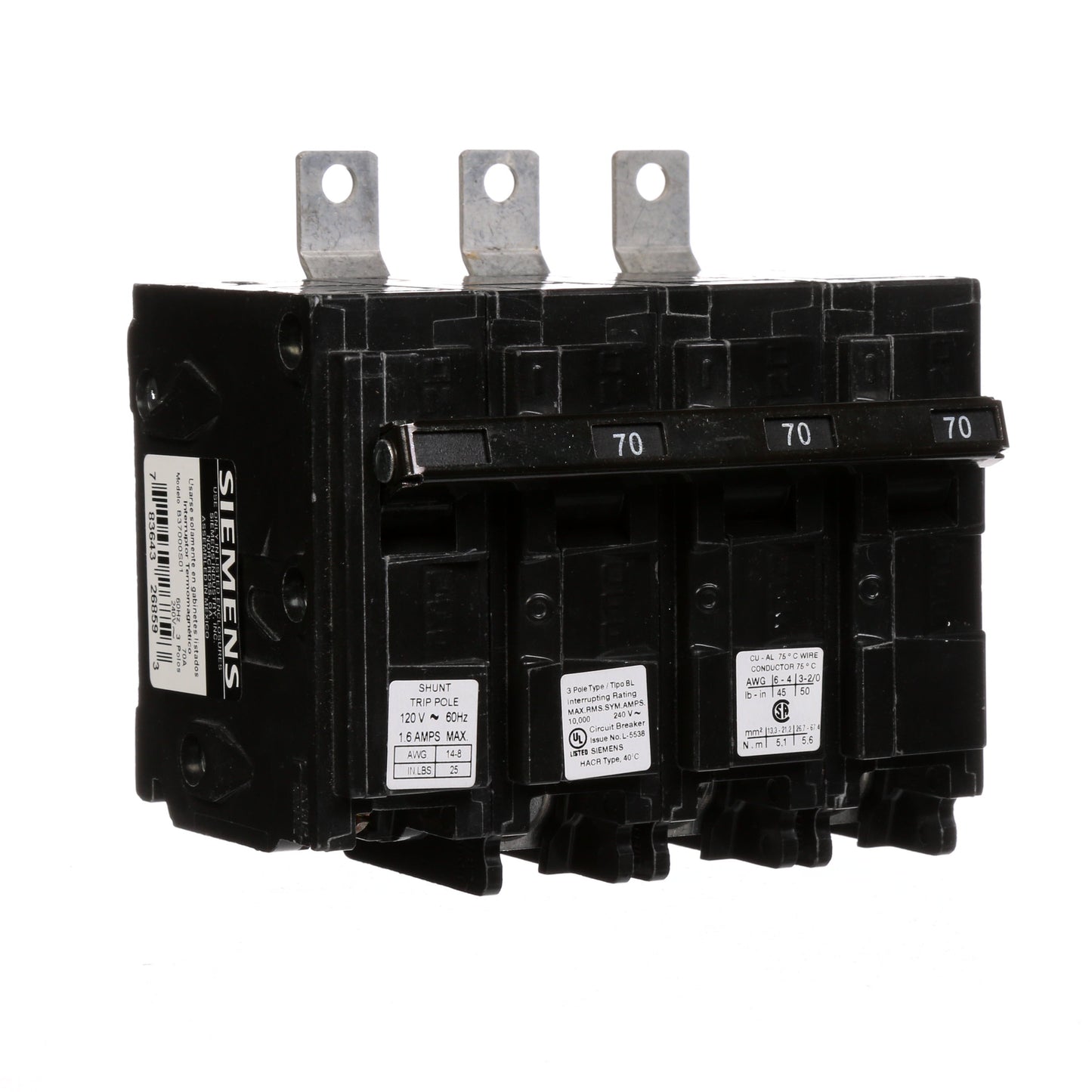 Siemens B37000S01 Molded Case Circuit Breaker | 240V 70A 3P 10kA@240V Bolt-on BL Series