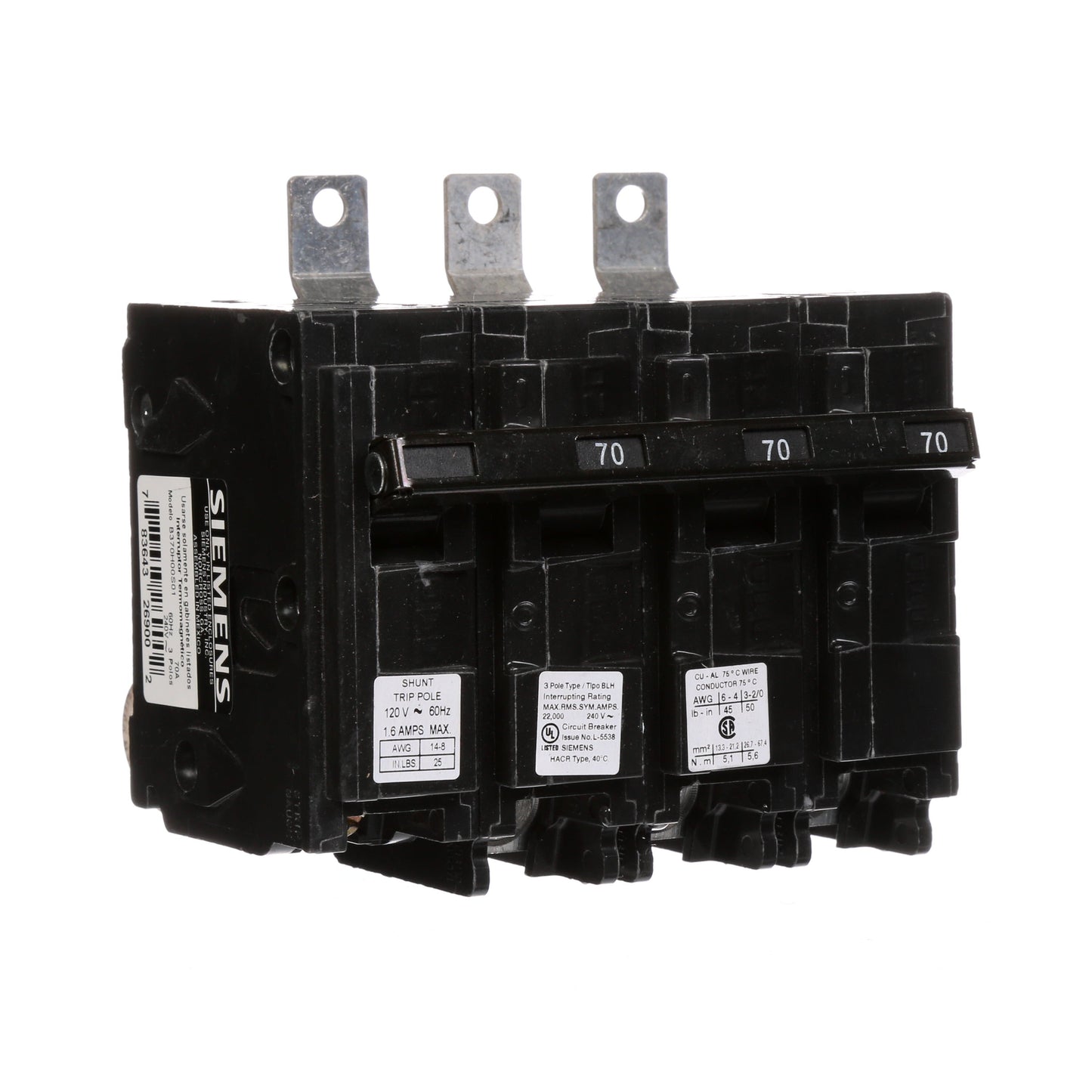 Siemens B370H00S01 Molded Case Circuit Breaker | 240V 70A 3P 22kA@240V Bolt-On BL Series