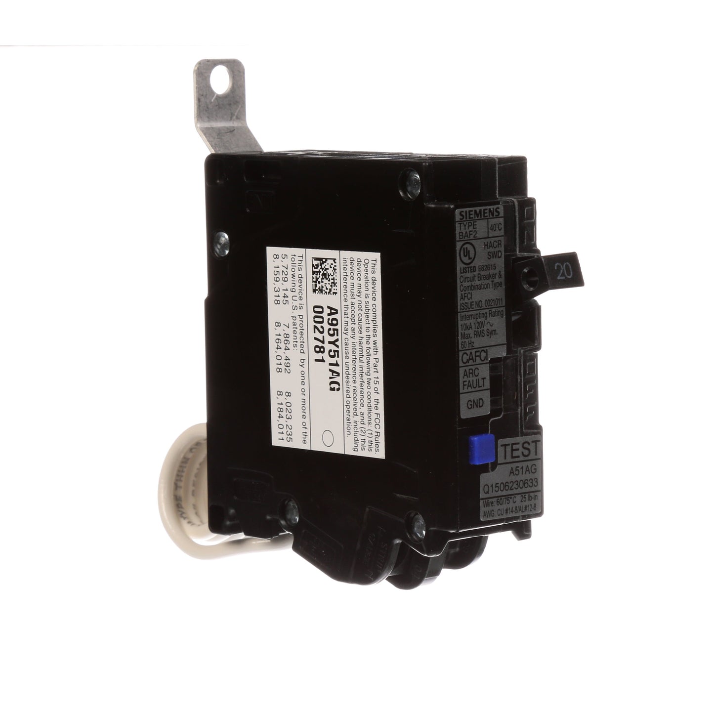 Siemens BA120AFC Circuit Breaker | 120V 20A 1P 10kA@120V Bolt-On BL Series