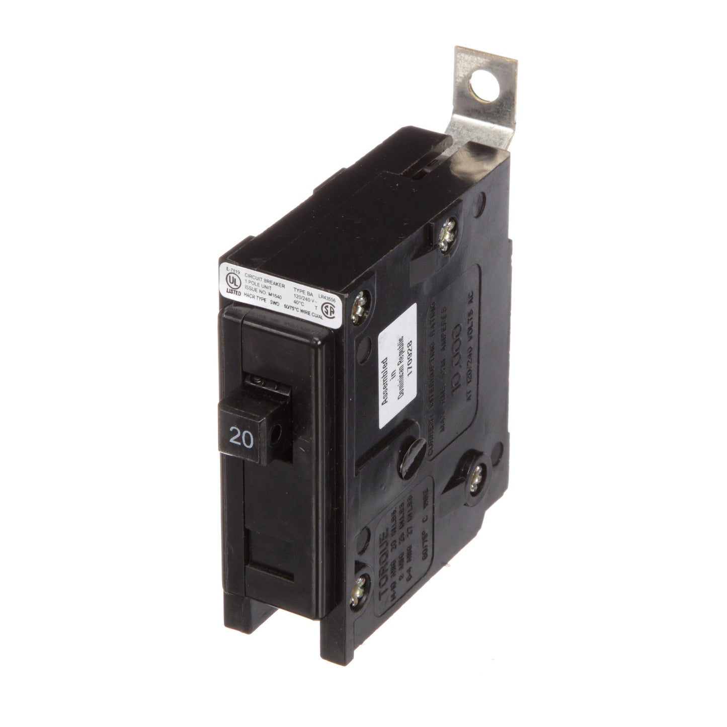 Crouse-Hinds BAB1020 Circuit Breaker | 240V 20A 1P 10kA@240V Bolt-On QUICKLAG