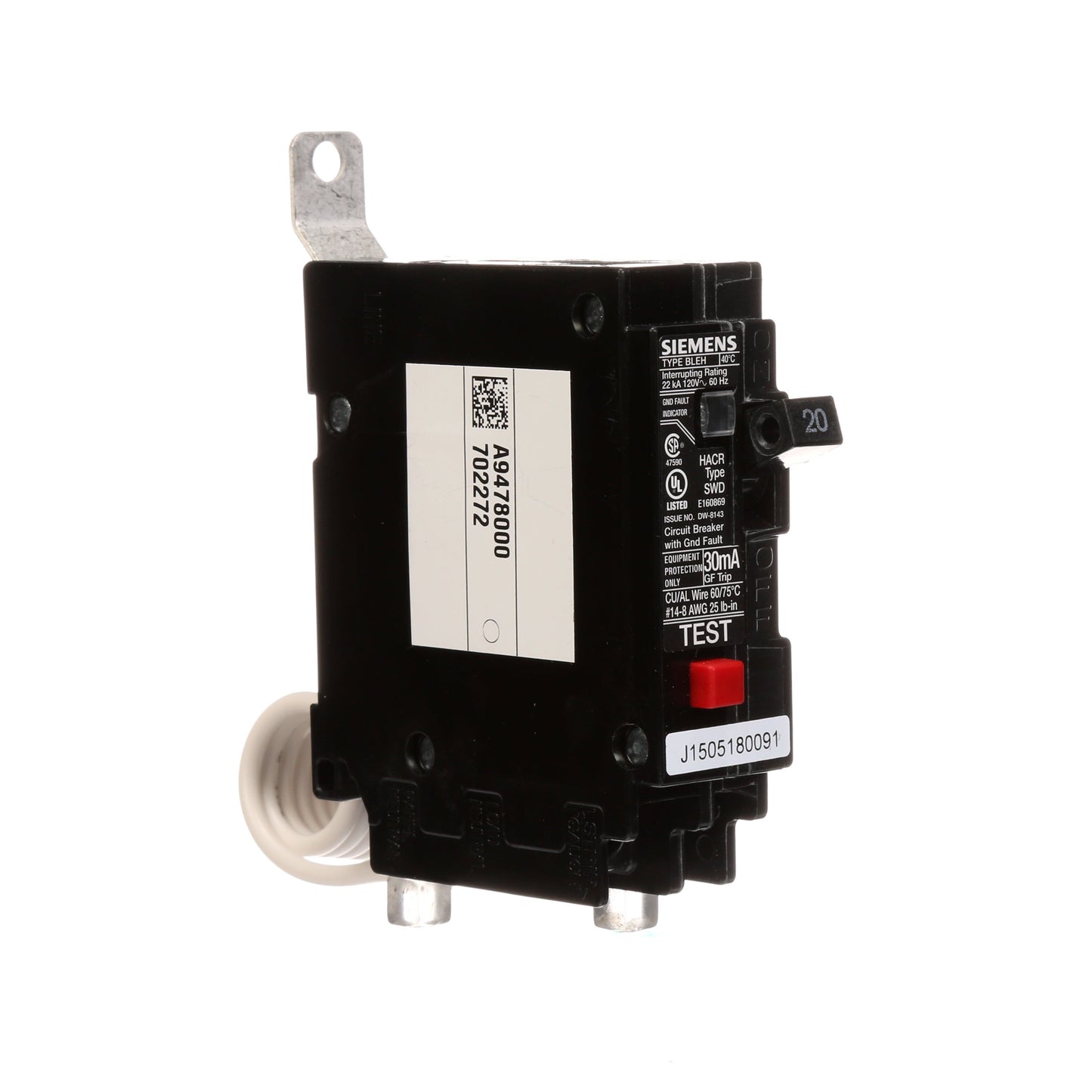 Siemens BE120H Circuit Breaker | 120V 20A 1P 22kA@120V Bolt-on BL Series