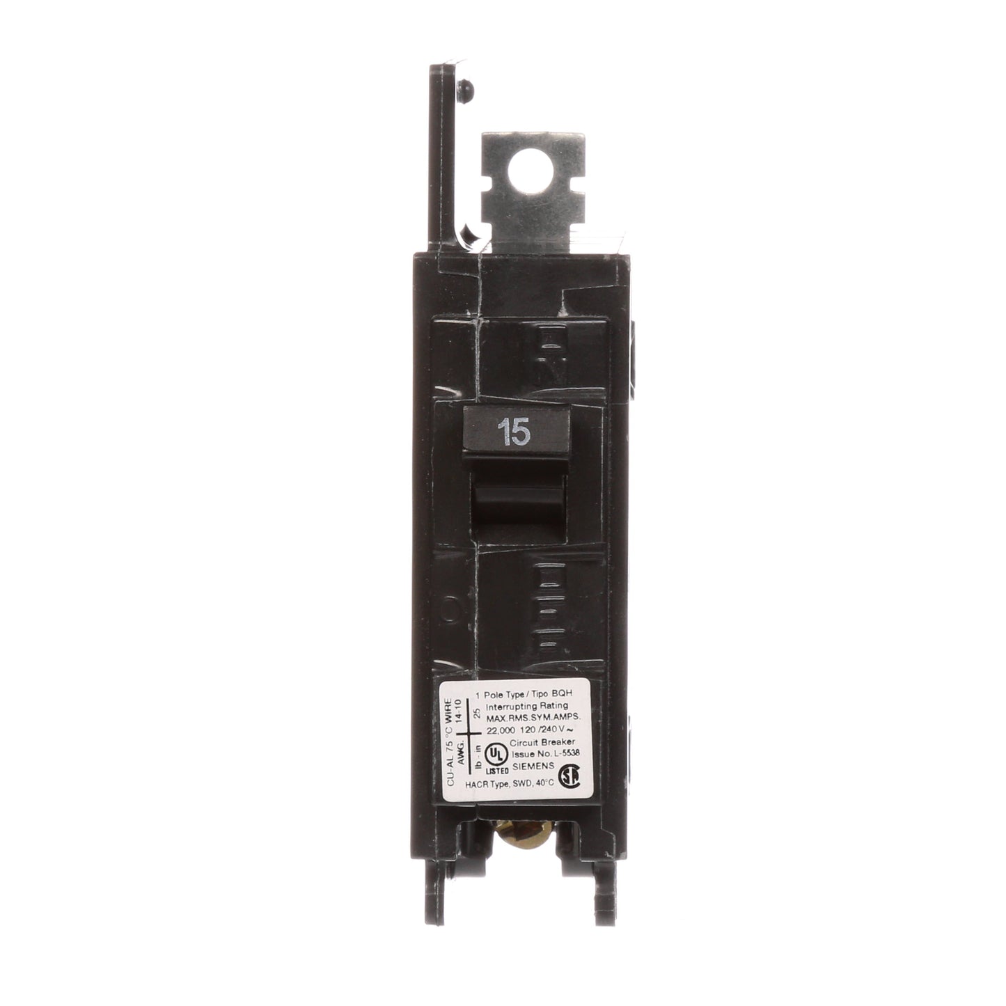 Siemens BQ1B015H Circuit Breaker | 120V 15A 1P 22kA@120V Bolt-on BQ Series