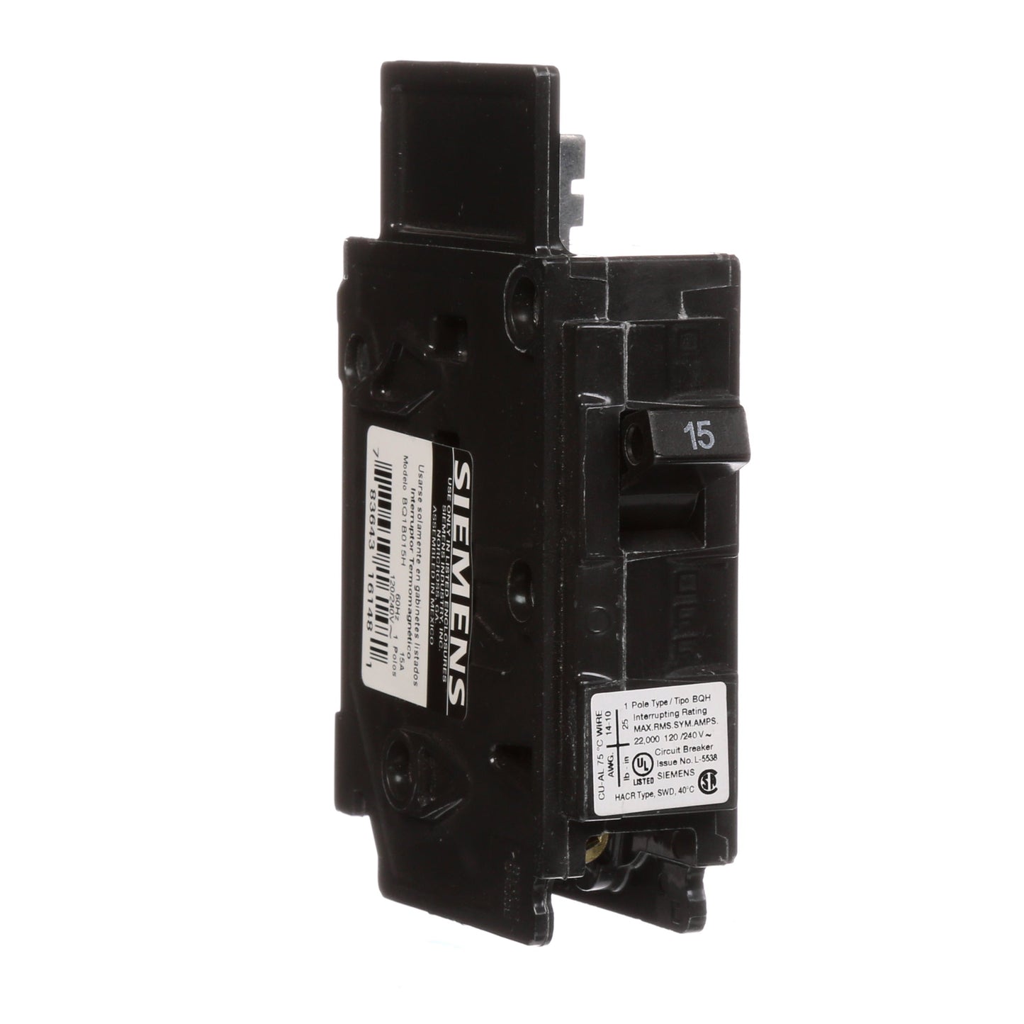 Siemens BQ1B015H Circuit Breaker | 120V 15A 1P 22kA@120V Bolt-on BQ Series