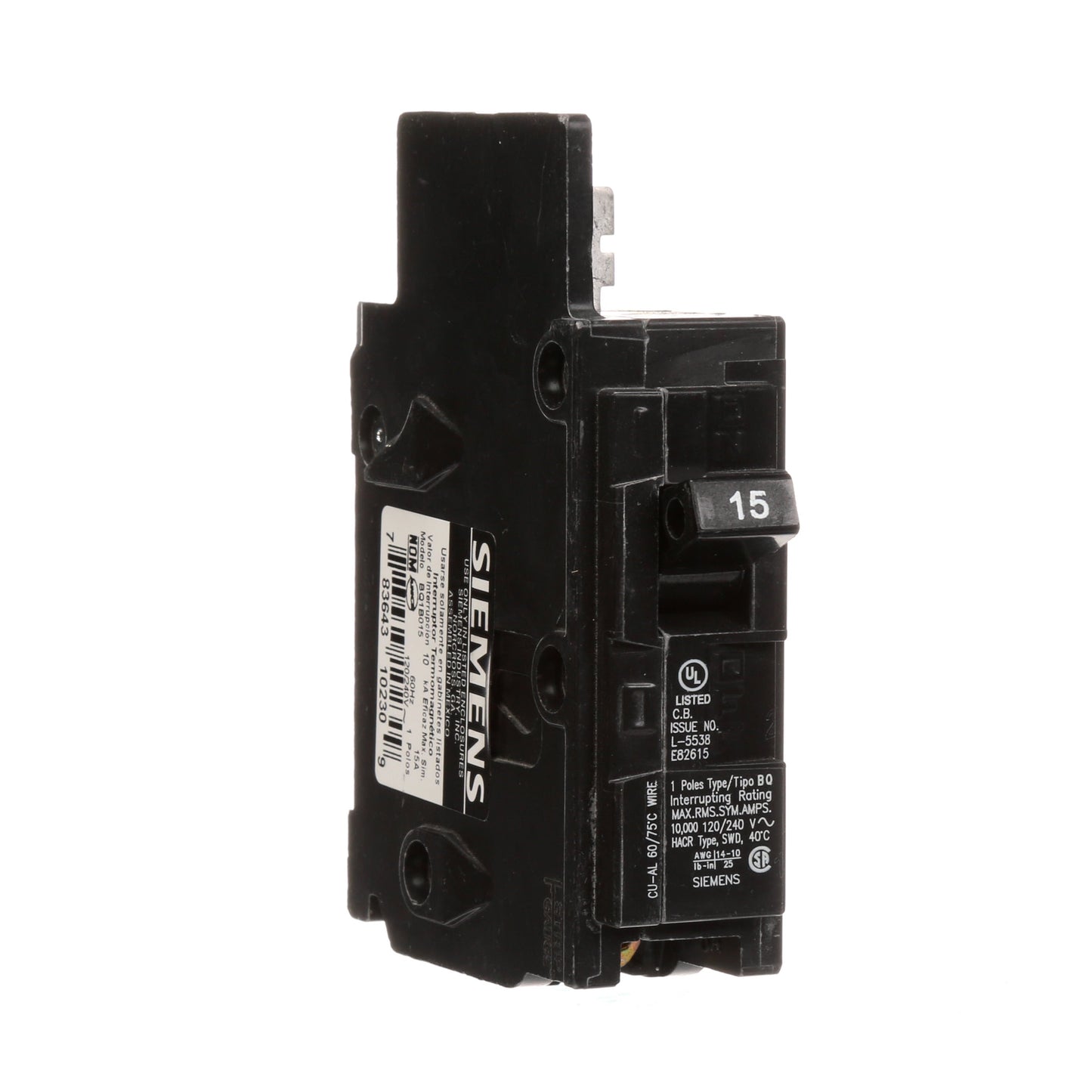 Siemens BQ1B015 Circuit Breaker | 120VAC 15A 1P 10kA@120V Bolt-on BQ Series
