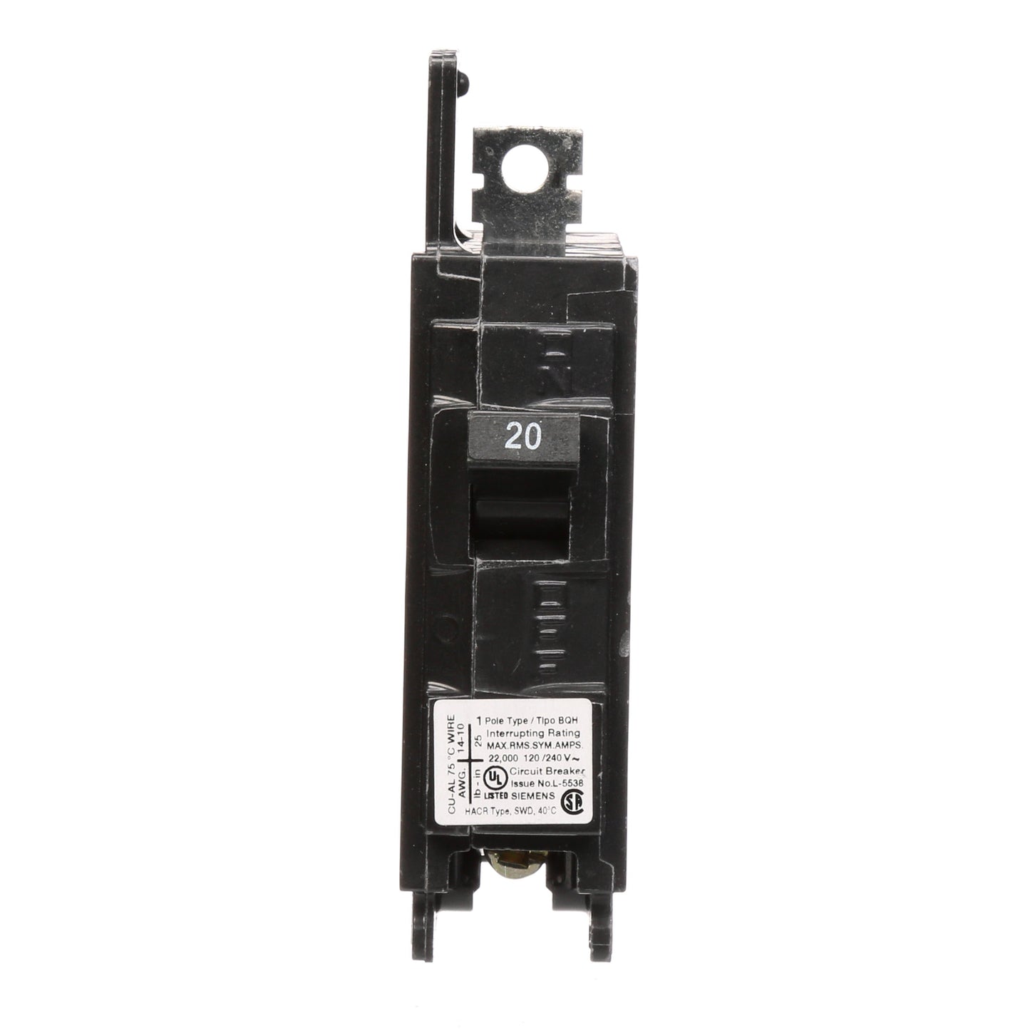 Siemens BQ1B020H Circuit Breaker | 120V 20A 1P 22kA@120V Bolt-on BQ Series