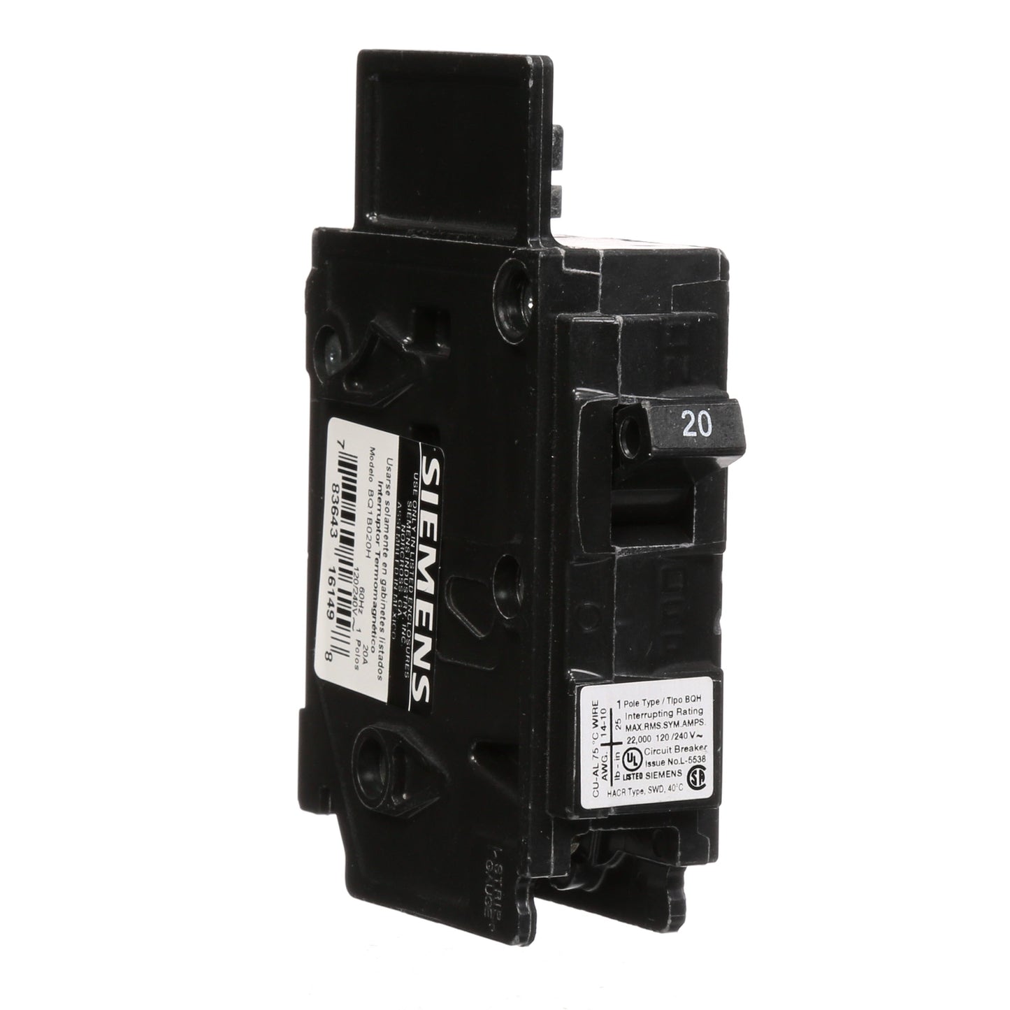 Siemens BQ1B020H Circuit Breaker | 120V 20A 1P 22kA@120V Bolt-on BQ Series