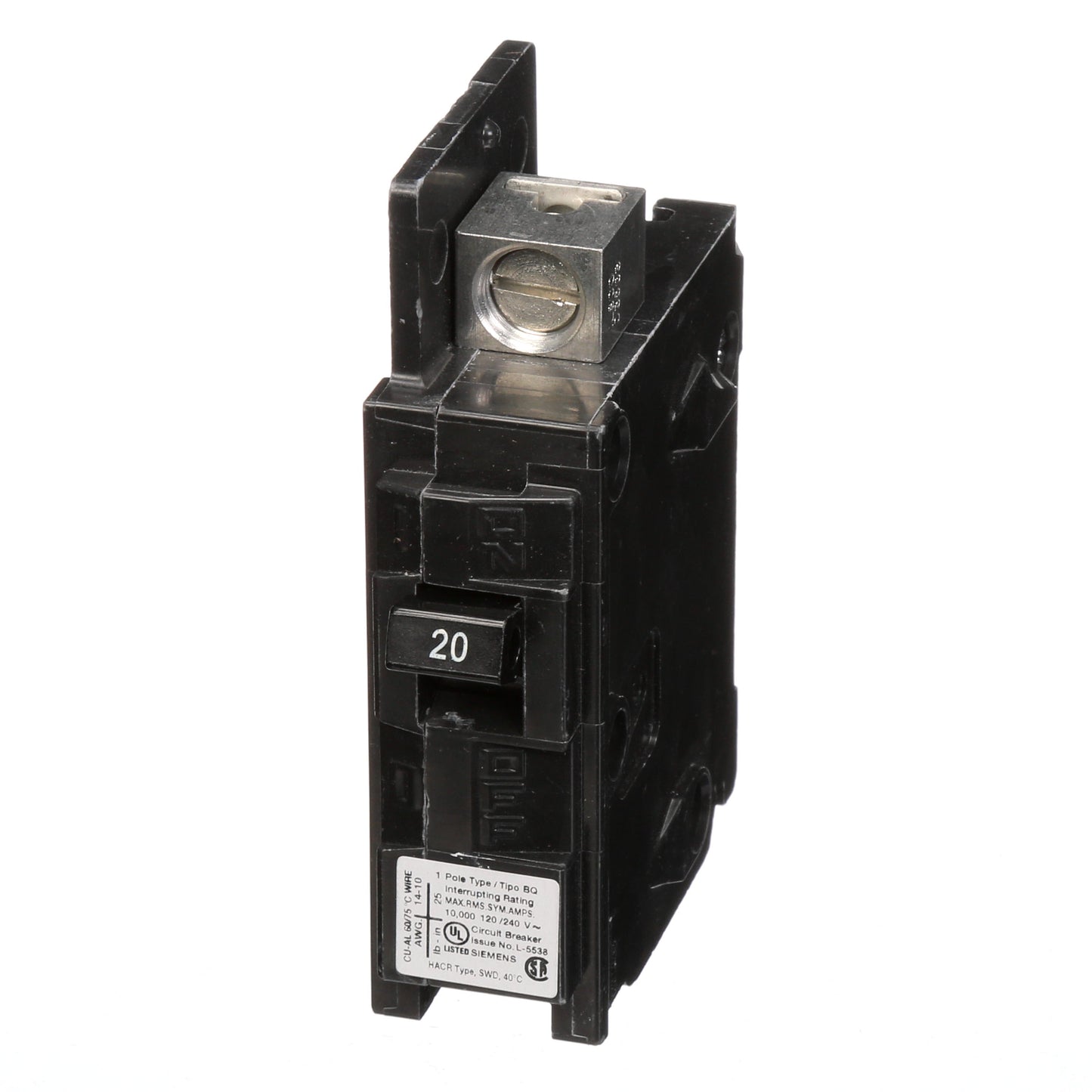 Siemens BQ1B020L Circuit Breaker | 120V 20A 1P 10kA@120V Feed-Thru BQ Series