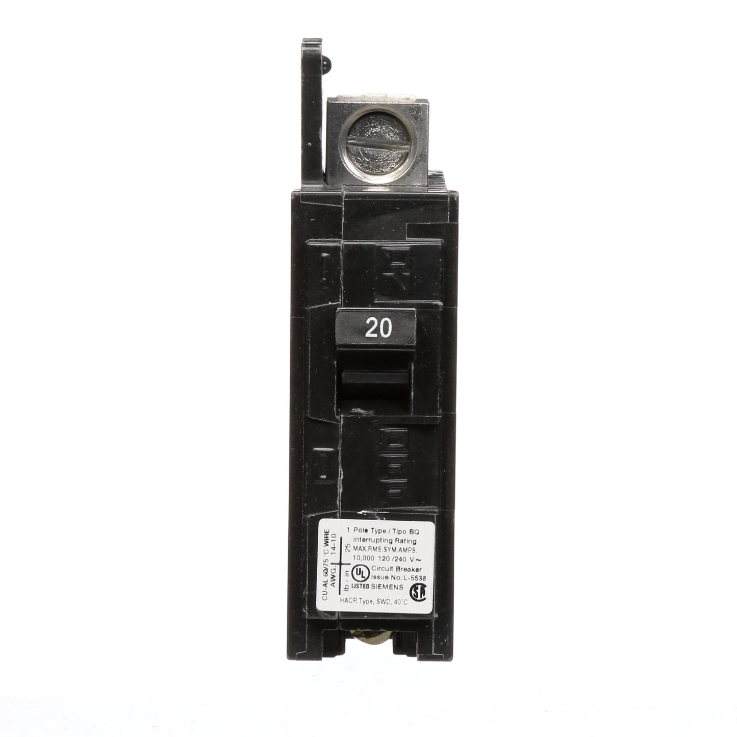 Siemens BQ1B020L Circuit Breaker | 120V 20A 1P 10kA@120V Feed-Thru BQ Series