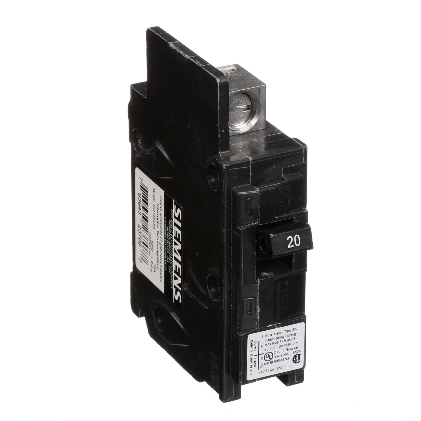 Siemens BQ1B020L Circuit Breaker | 120V 20A 1P 10kA@120V Feed-Thru BQ Series