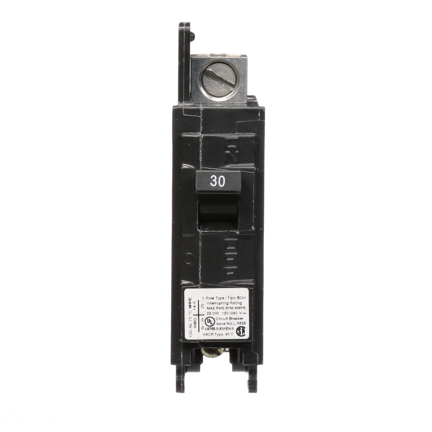 Siemens BQ1B030H Circuit Breaker 120V 30A 1P 22kA@120V Bolt-on BQ Series