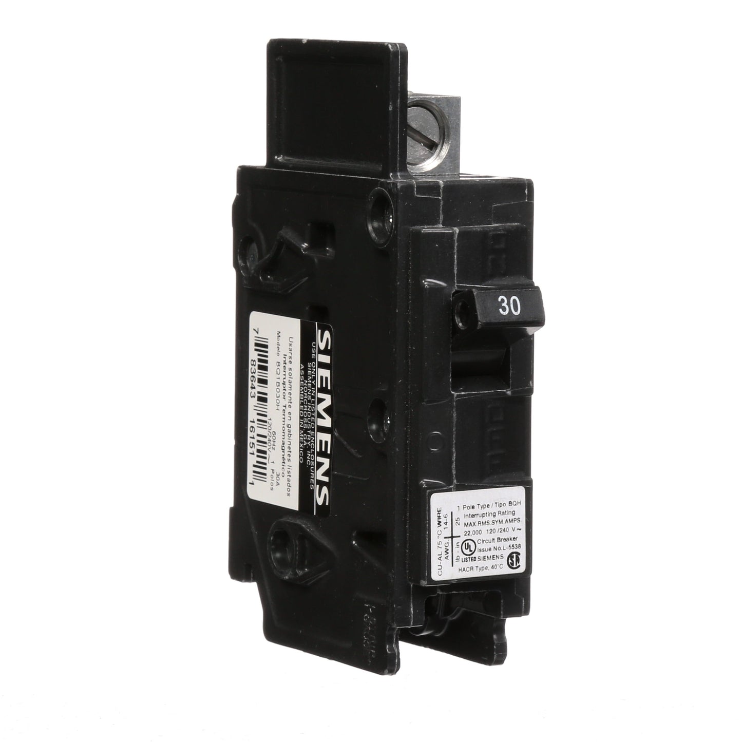 Siemens BQ1B030H Circuit Breaker 120V 30A 1P 22kA@120V Bolt-on BQ Series