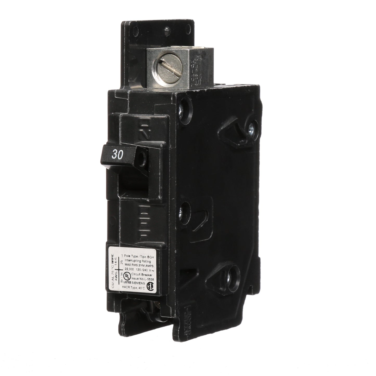 Siemens BQ1B030H Circuit Breaker 120V 30A 1P 22kA@120V Bolt-on BQ Series