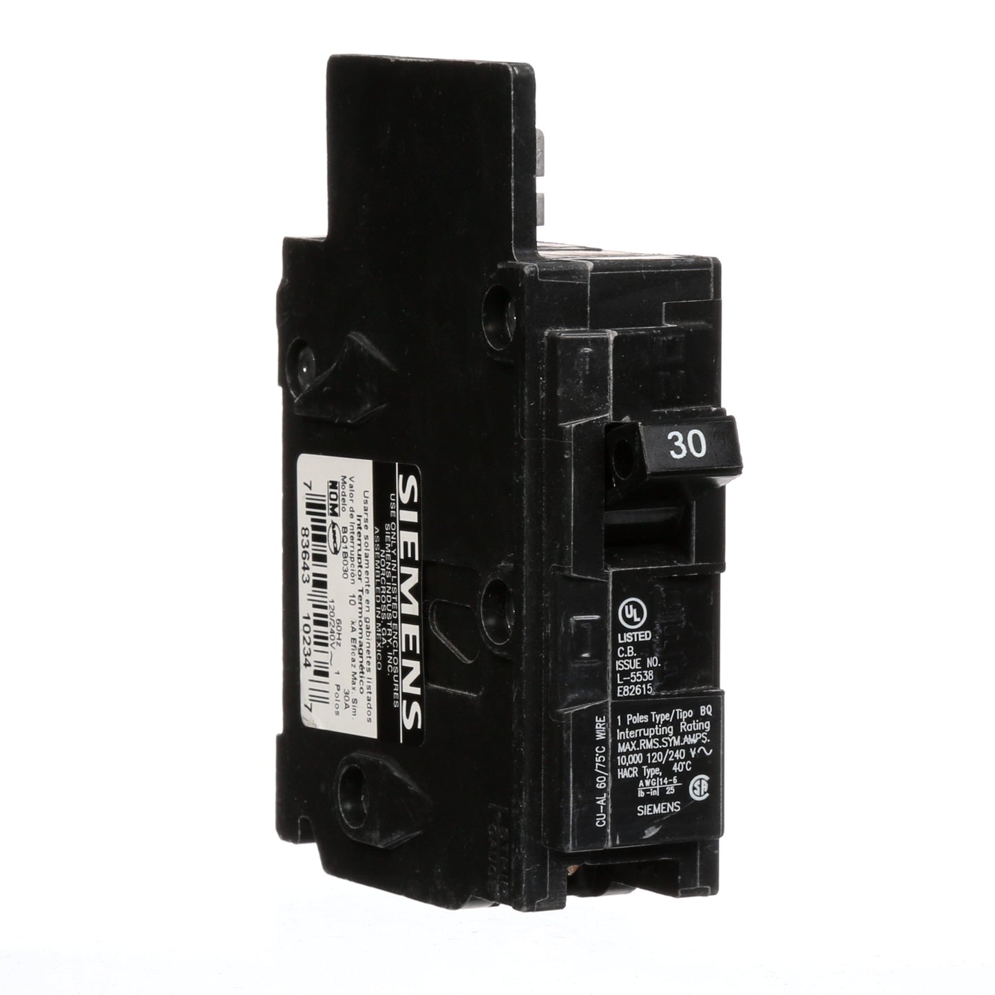 Siemens BQ1B030 Circuit Breaker | 120VAC 30A 1P 10kA@120V BQ Series