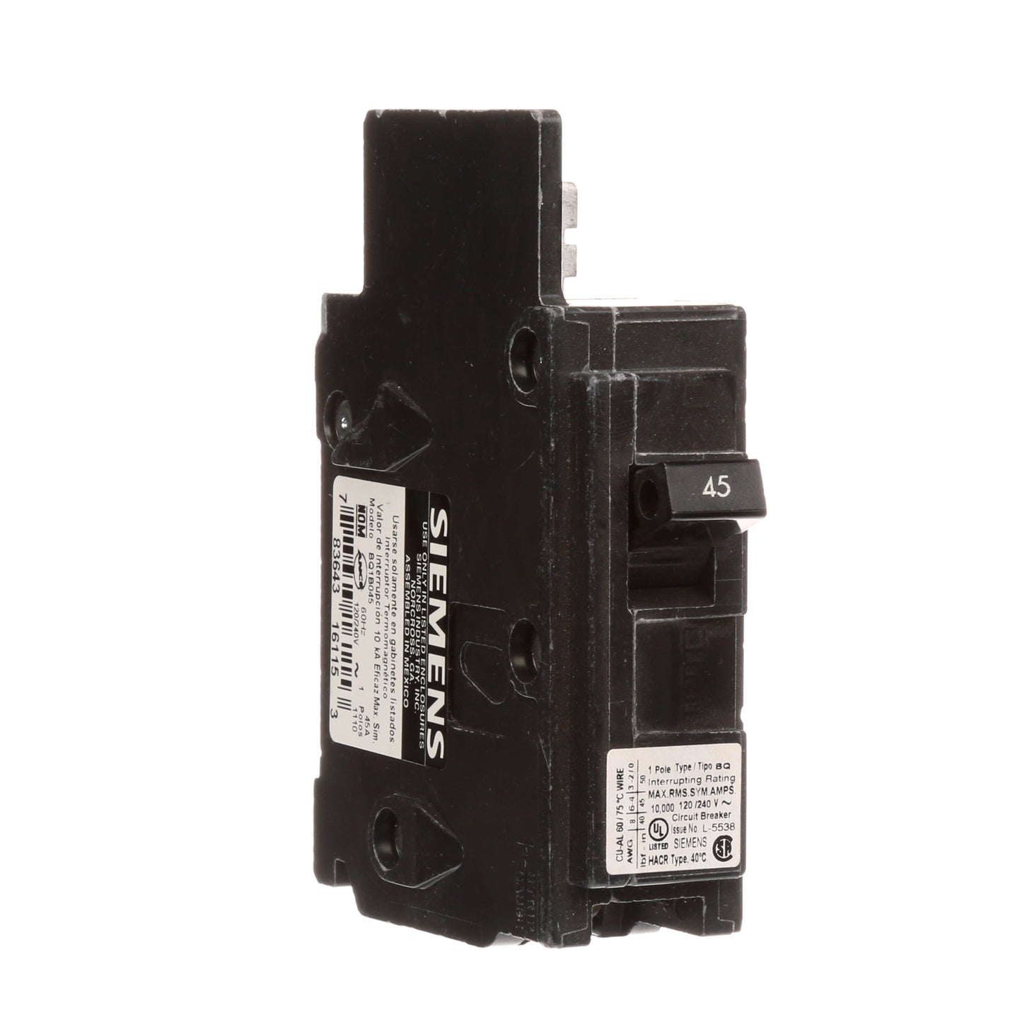 Siemens BQ1B045 Circuit Breaker | 120VAC 45A 1P 10kA@120V Bolt-on BQ Series
