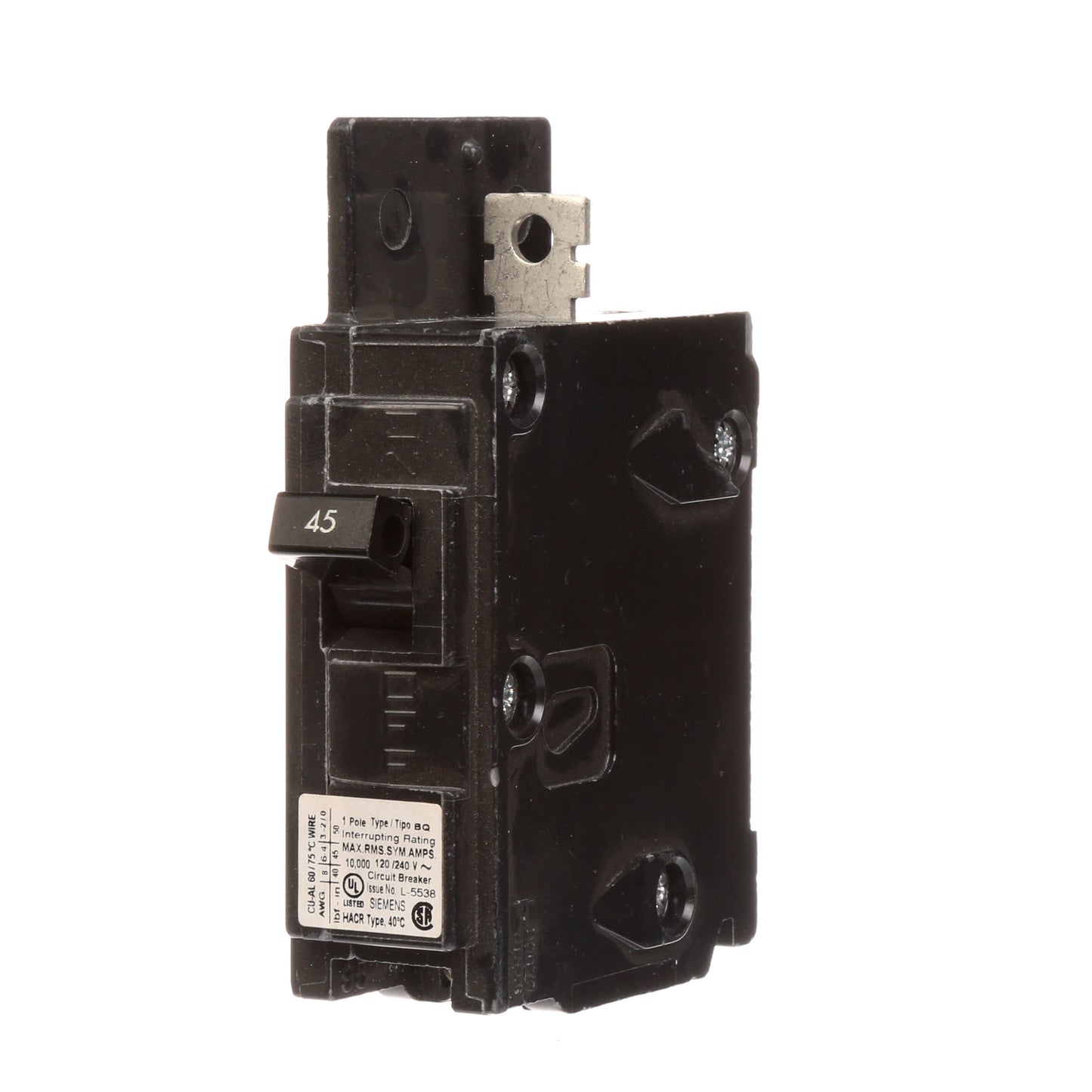 Siemens BQ1B045 Circuit Breaker | 120VAC 45A 1P 10kA@120V Bolt-on BQ Series