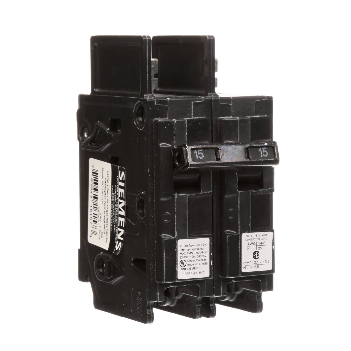 Siemens BQ2B015H Circuit Breaker | 240V 15A 2P 22kA@240V Bolt-On BQ Series