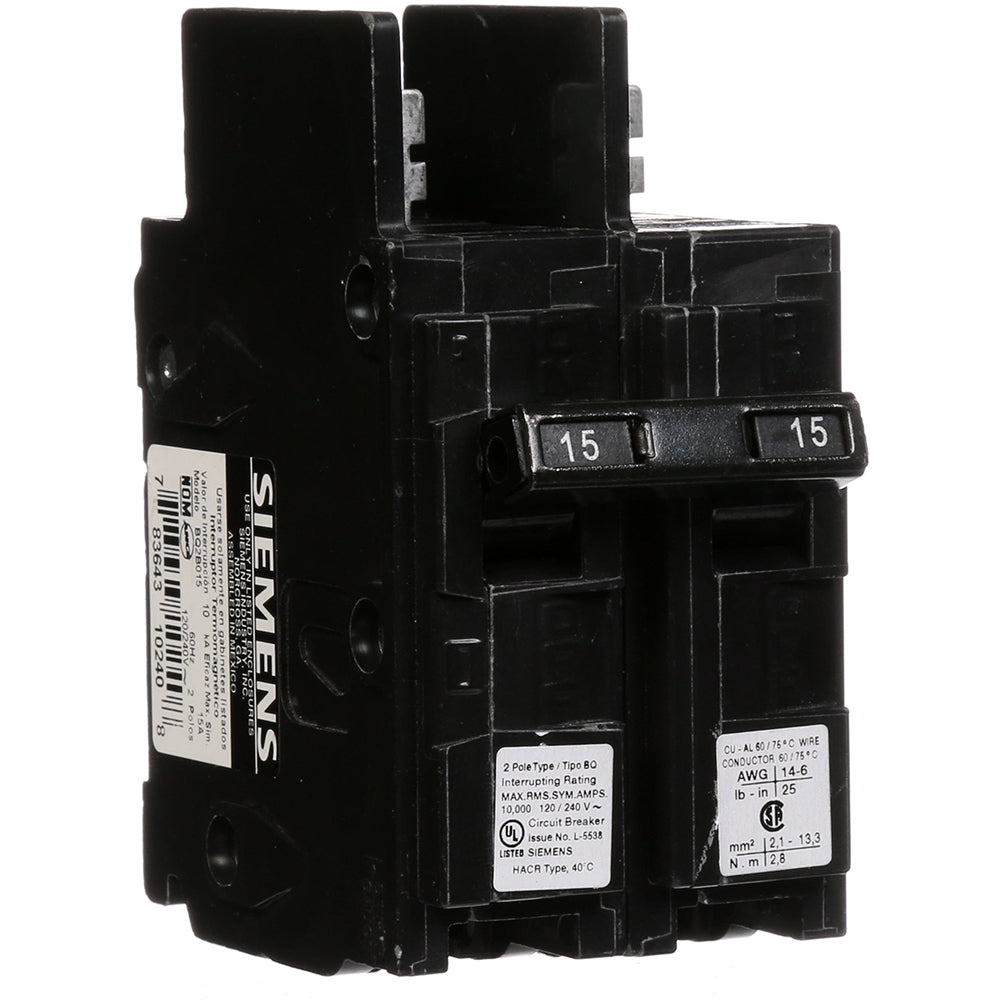 Siemens BQ2B015 Circuit Breaker | 120/240V 15A 2P 10kA@240V Bolt-on BQ Series