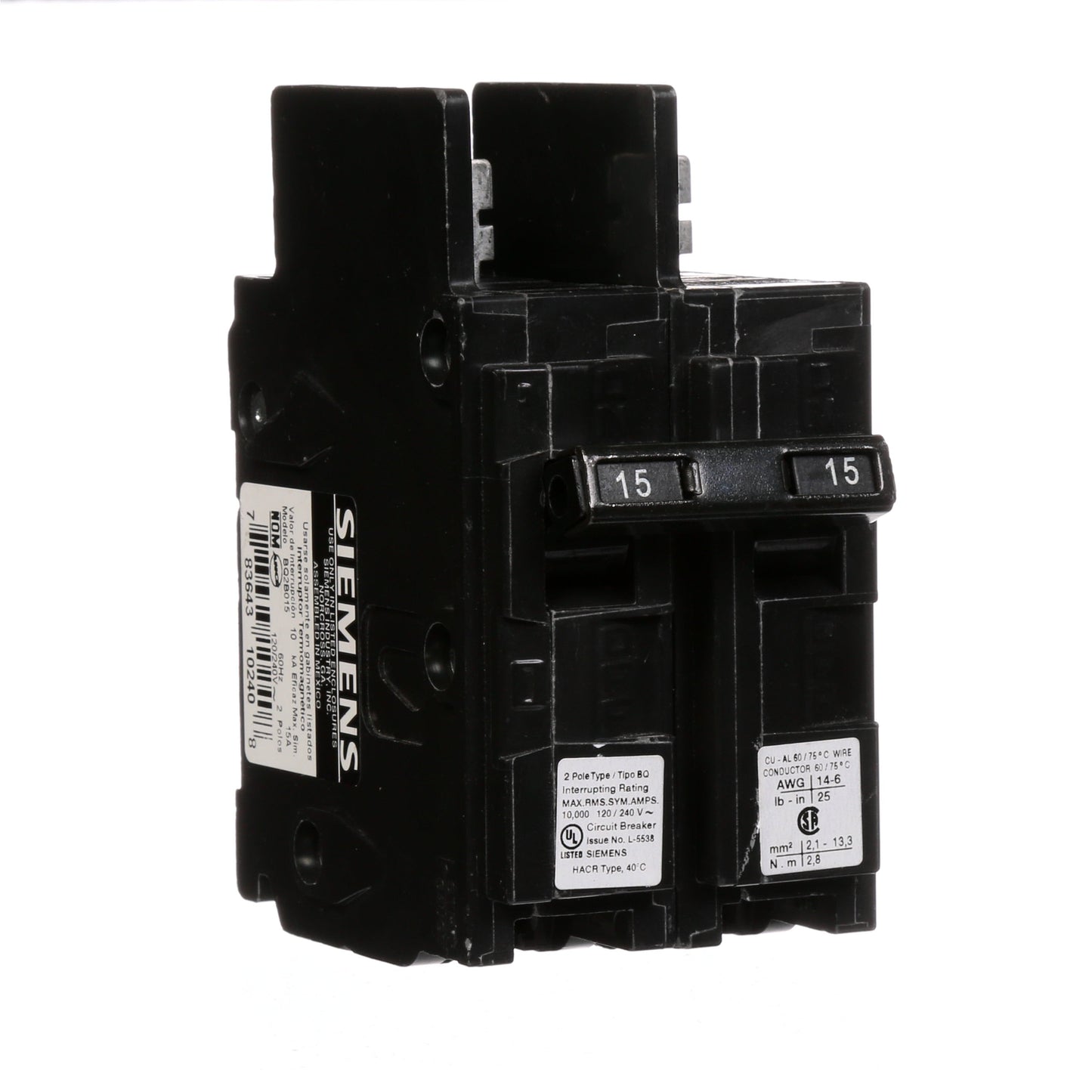 Siemens BQ2B015 Circuit Breaker | 120/240V 15A 2P 10kA@240V Bolt-on BQ Series