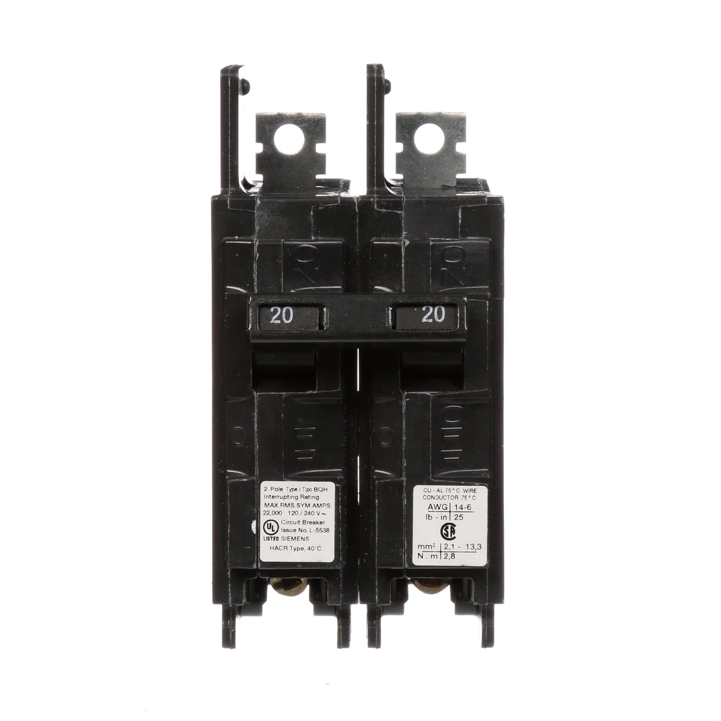 Siemens BQ2B020H Circuit Breaker | 120/240V 20A 2P 22kA@240V Bolt-on BQ Series