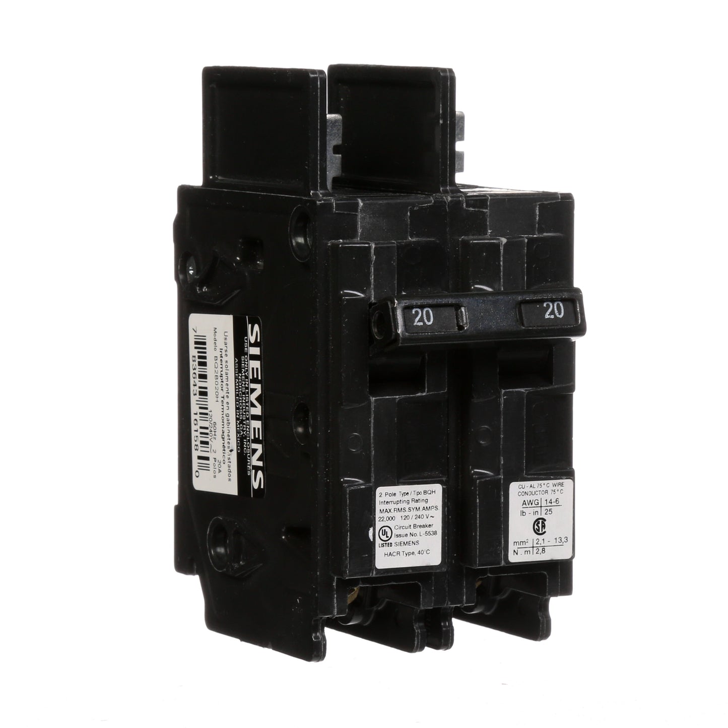Siemens BQ2B020H Circuit Breaker | 120/240V 20A 2P 22kA@240V Bolt-on BQ Series