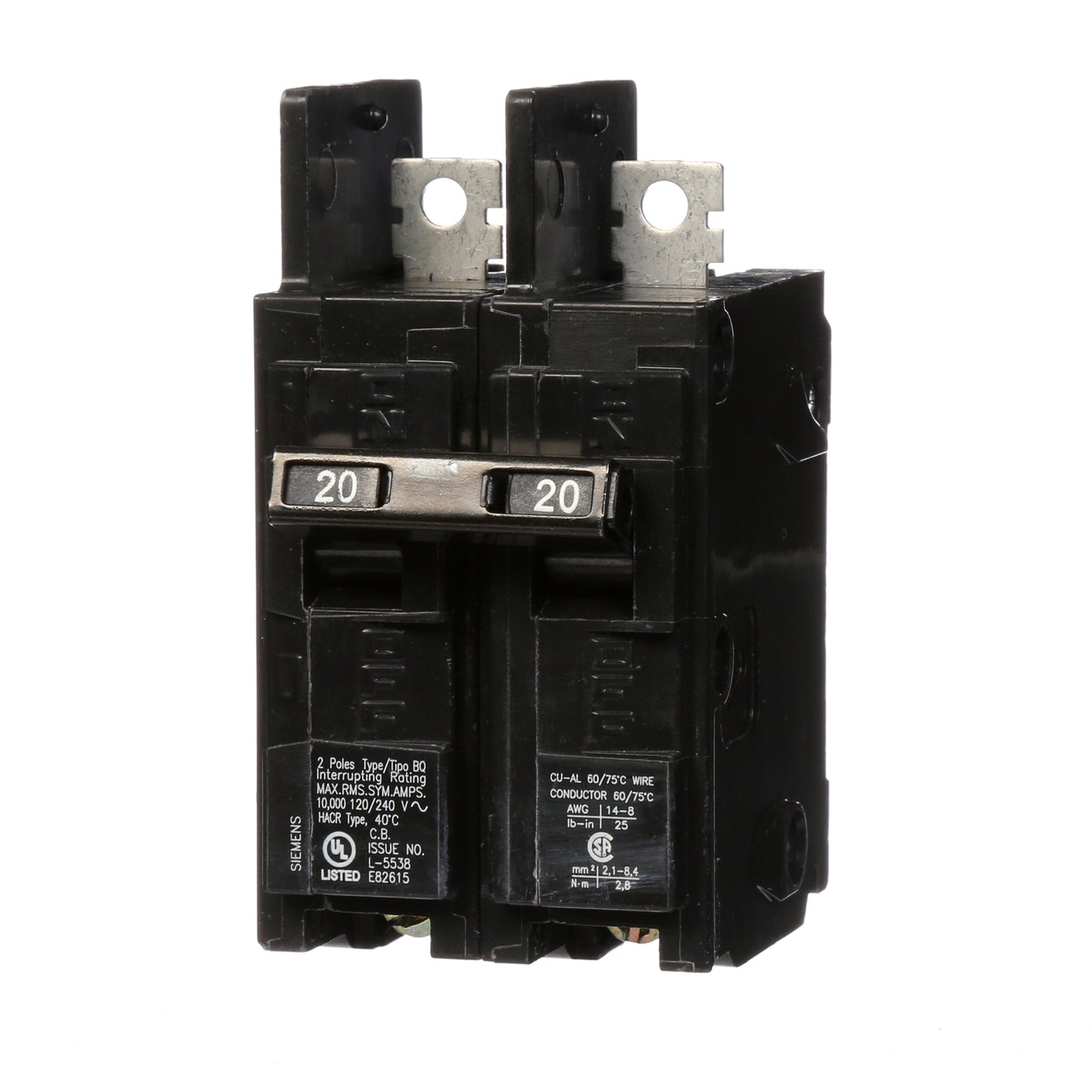 Siemens BQ2B020 Circuit Breaker | 120/240VAC 20A 2P 10kA@240V Bolt-on BQ Series