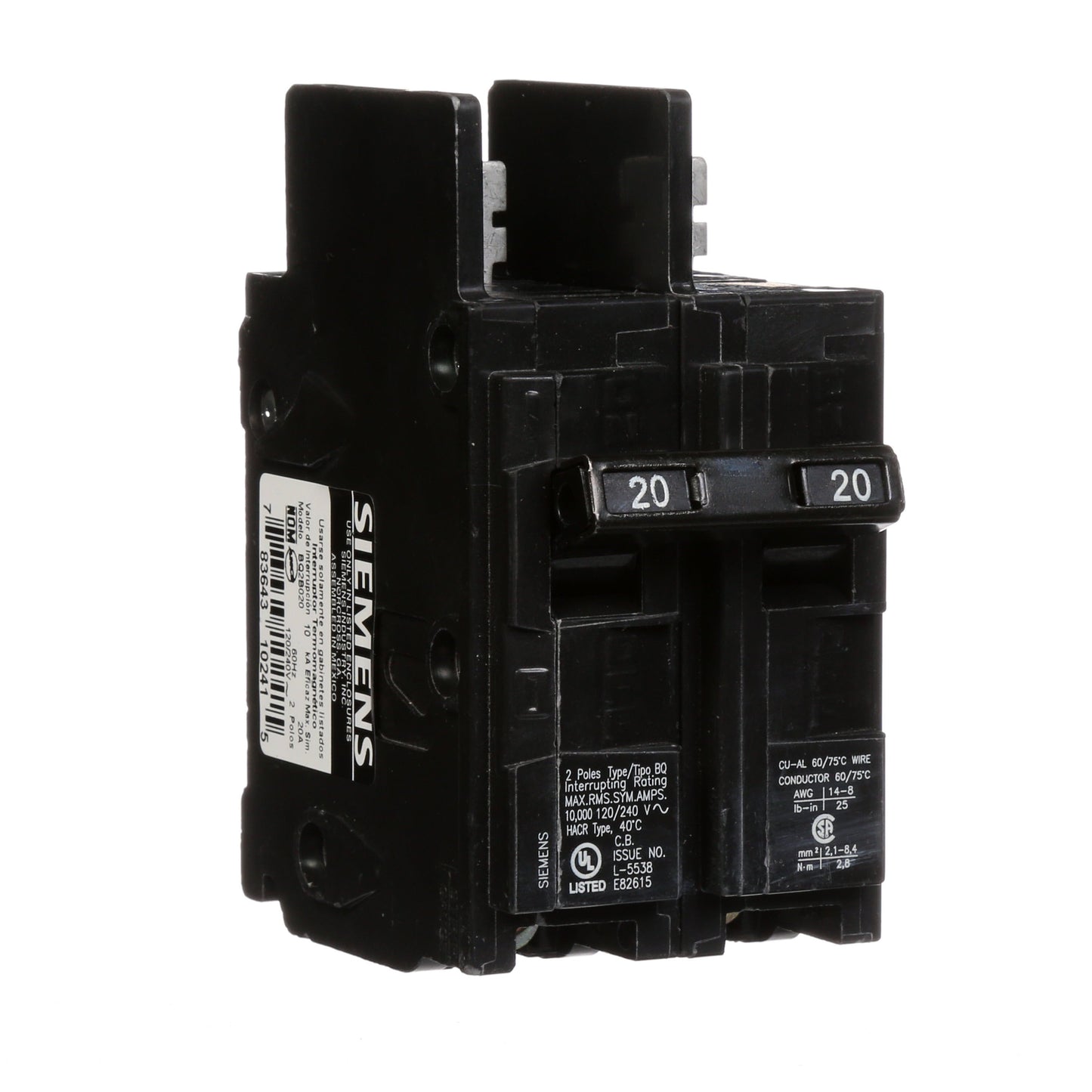 Siemens BQ2B020 Circuit Breaker | 120/240VAC 20A 2P 10kA@240V Bolt-on BQ Series