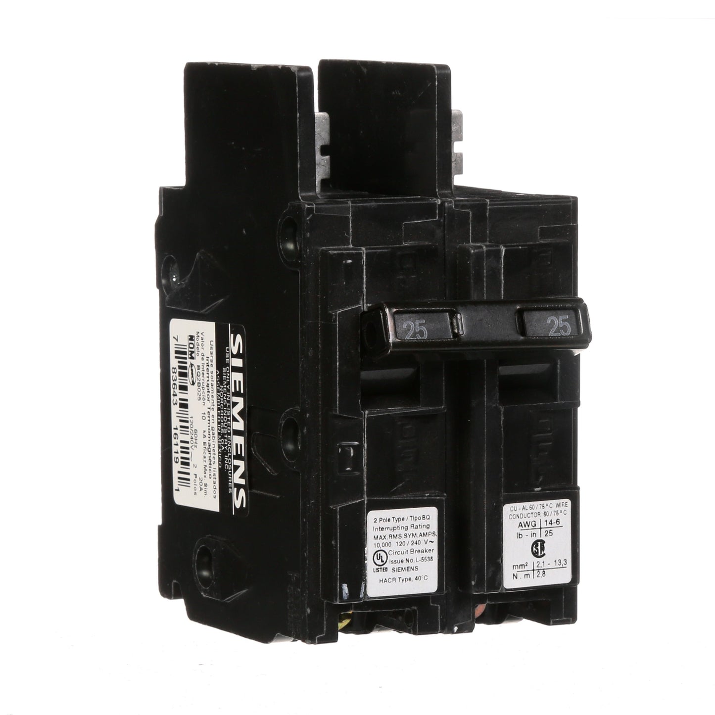 Siemens BQ2B025 Circuit Breaker | 120/240V 25A 2P 10kA@240V Bolt-on BQ Series
