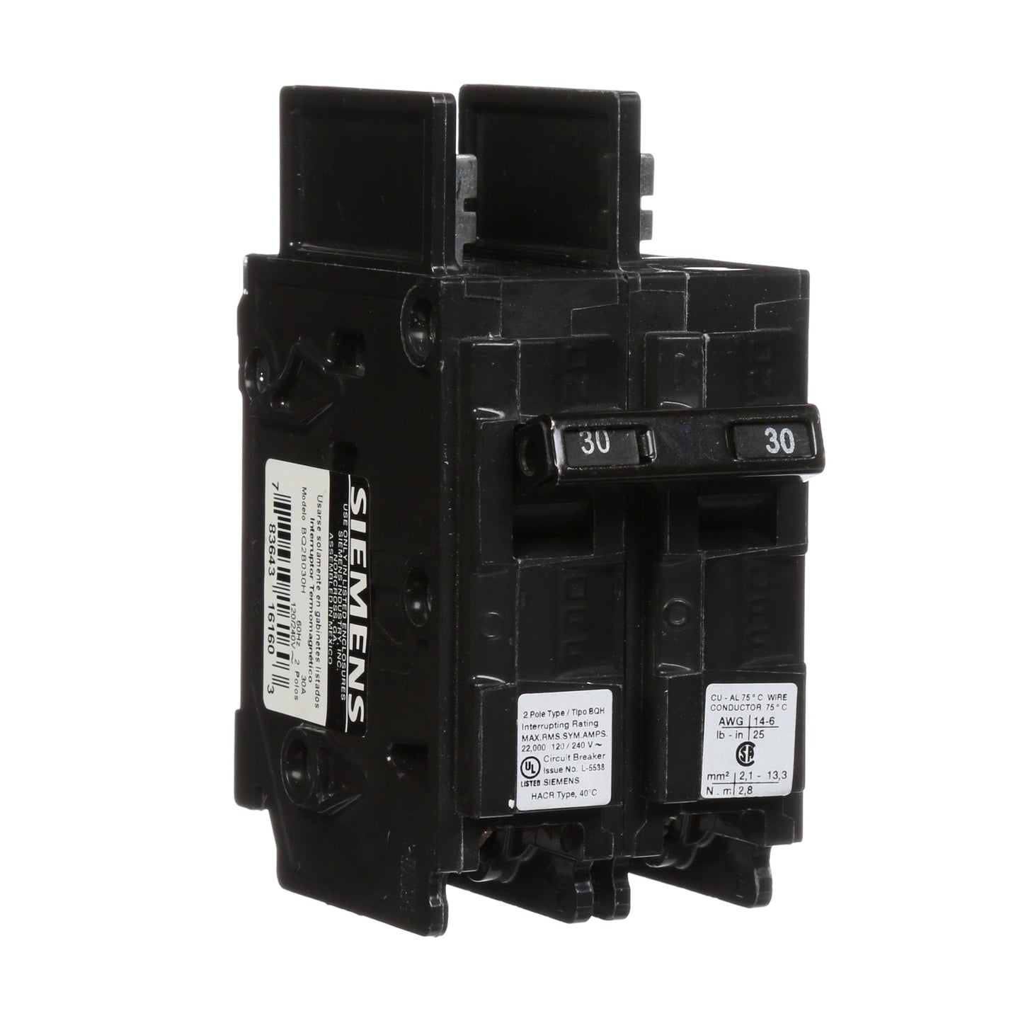 Siemens BQ2B030H Circuit Breaker | 120/240V 30A 2P 22kA@240V Bolt-on BQ Series