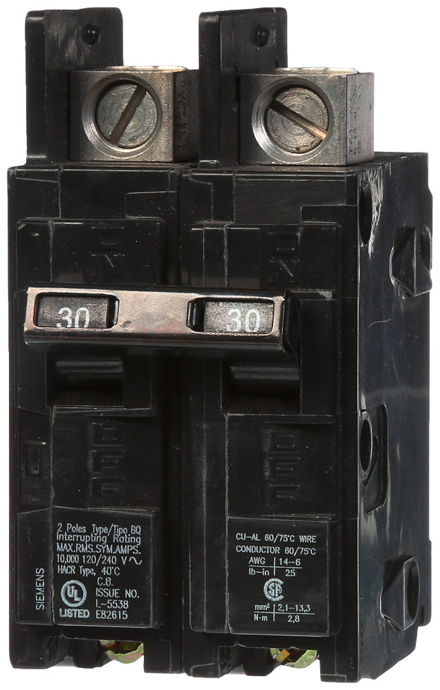 BQ2B030L - Siemens Feed-Thru 240V 30A 2 pole circuit breaker 10kA@240V - Essential Electric Supply