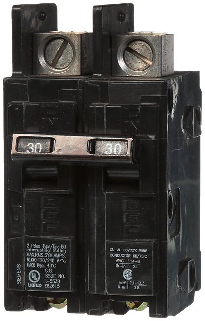 BQ2B030L - Siemens Feed-Thru 240V 30A 2 pole circuit breaker 10kA@240V - Essential Electric Supply