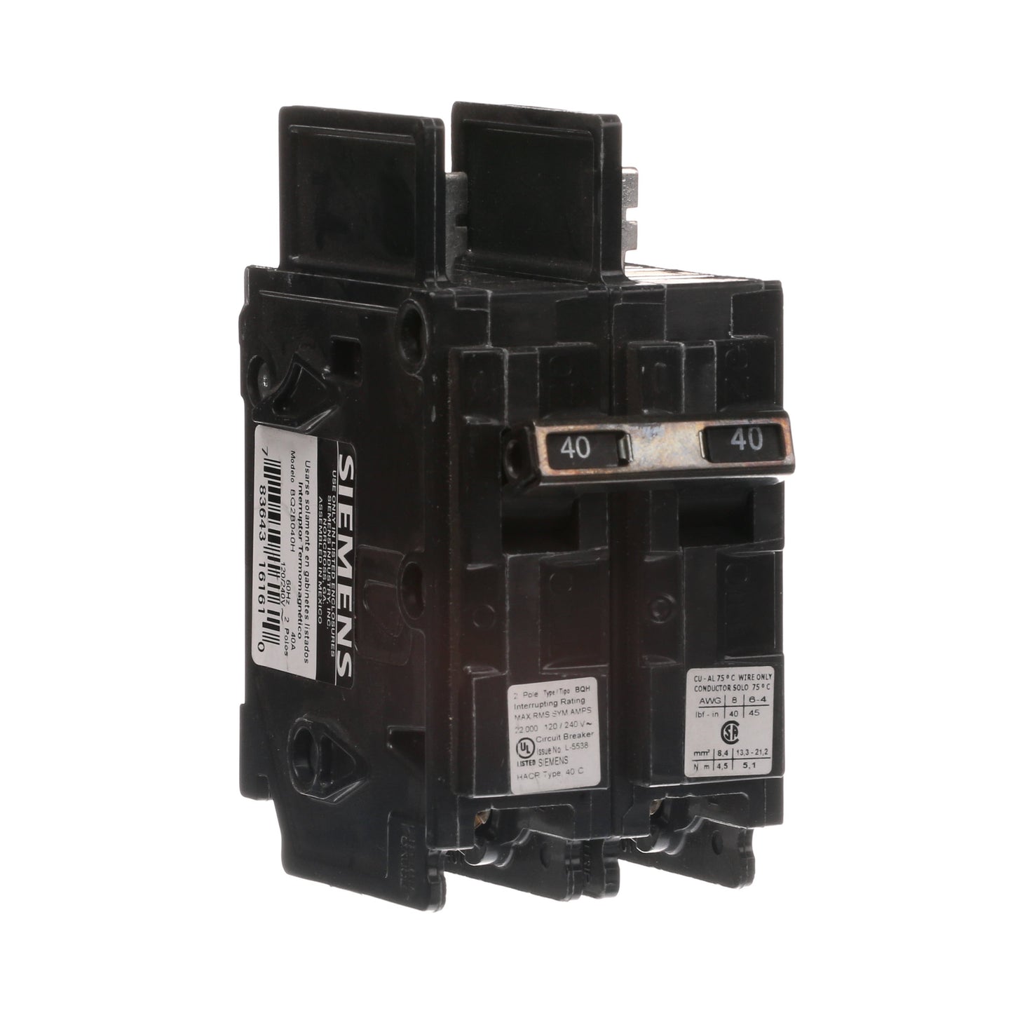 Siemens BQ2B040H Molded Case Circuit Breaker 120/240V 40A 2P 22kA@240V Bolt-on BQ Series
