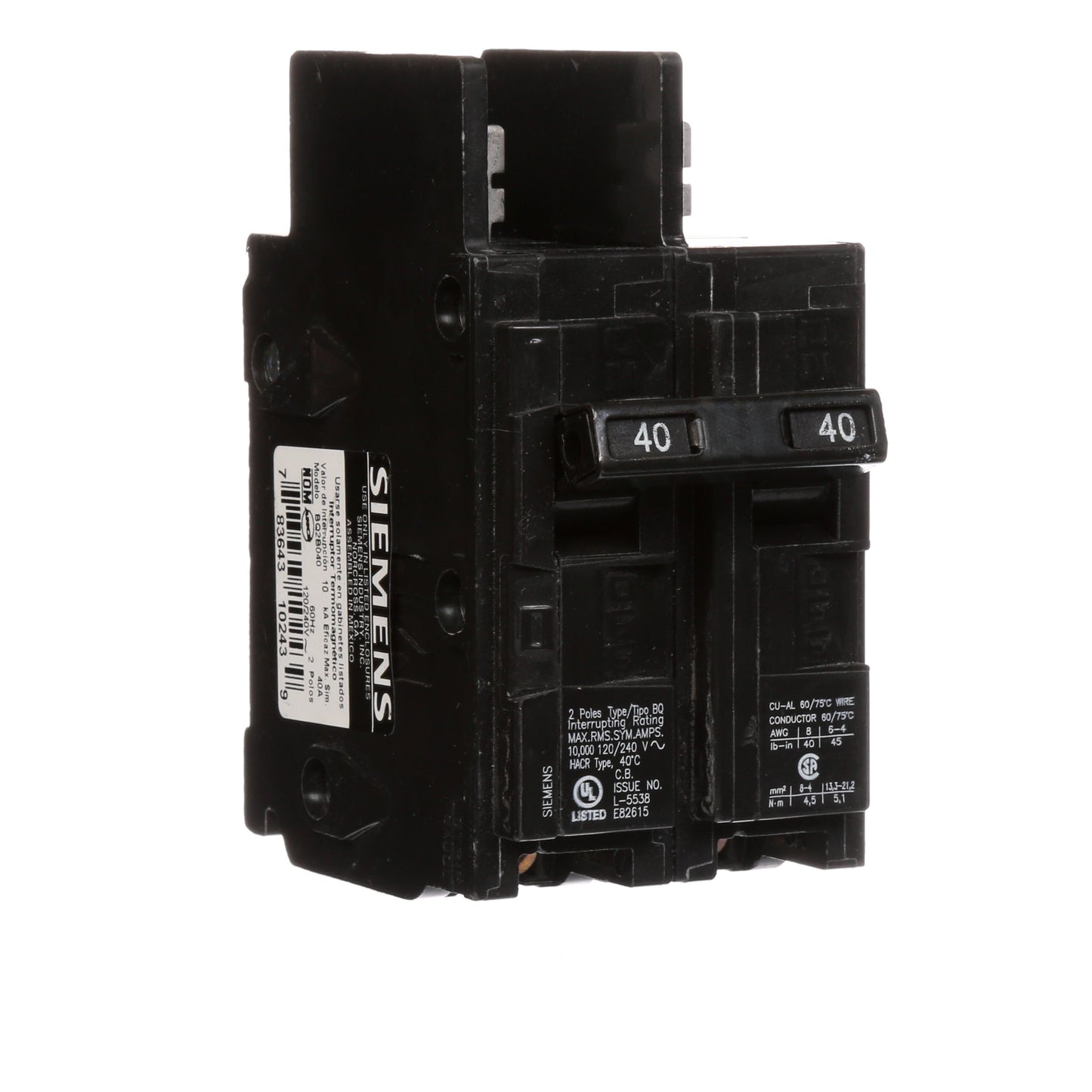 Siemens BQ2B040 Circuit Breaker | 120/240V 40A 2P 10kA@240V Bolt-on BQ Series