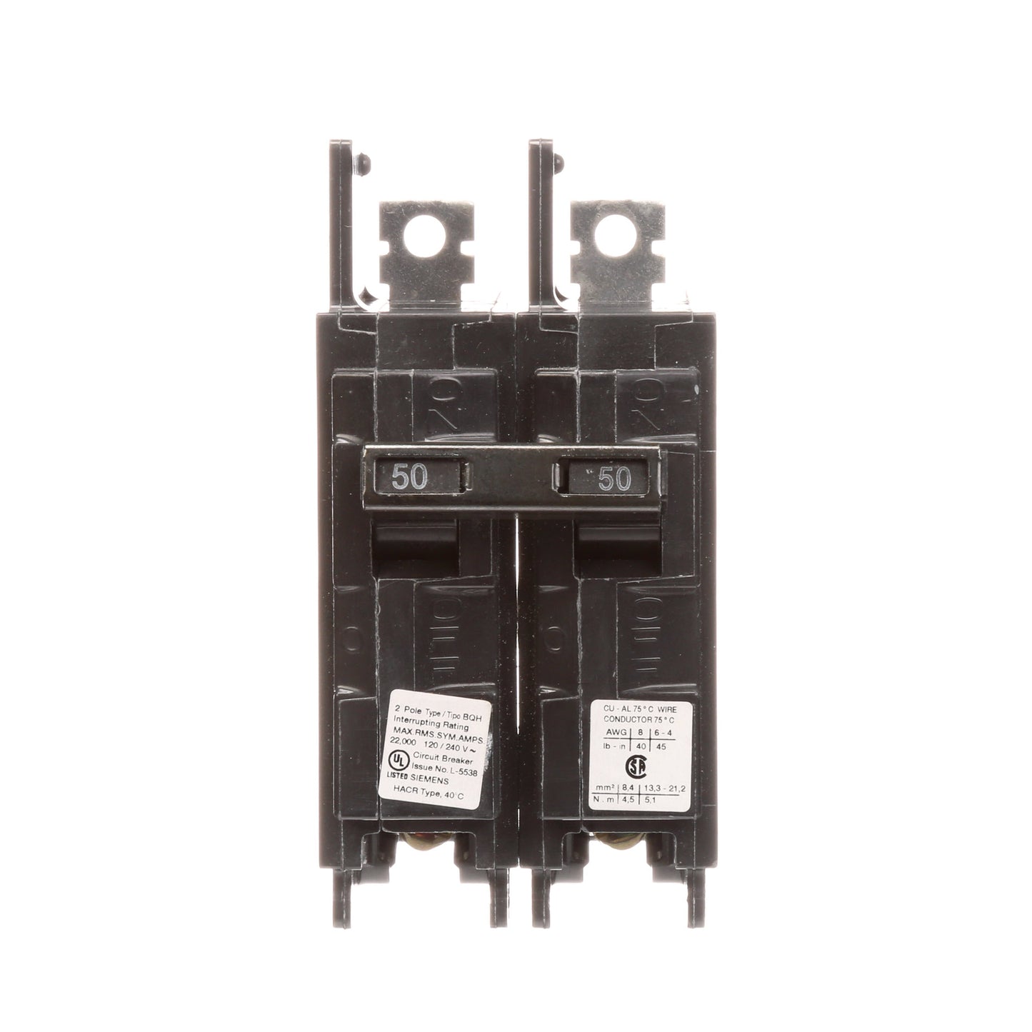 Siemens BQ2B050H Molded Case Circuit Breaker 120/240V 50A 2P 22kA@240V Bolt-on BQ Series
