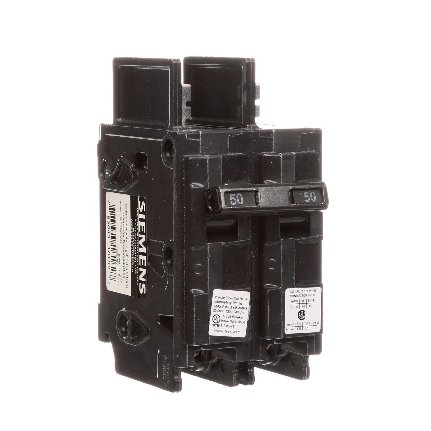 Siemens BQ2B050H Molded Case Circuit Breaker 120/240V 50A 2P 22kA@240V Bolt-on BQ Series