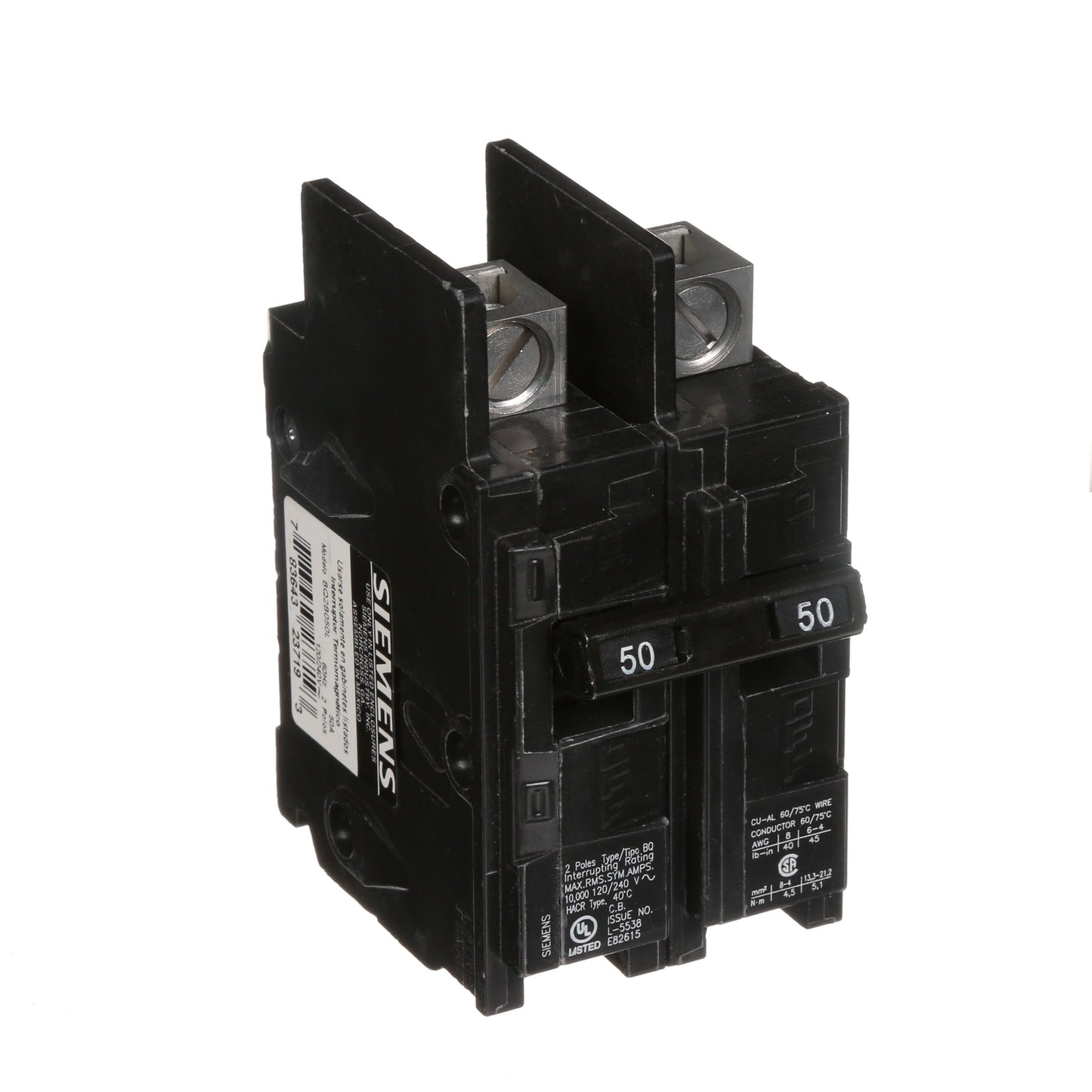 Siemens BQ2B050L Circuit Breaker | 240V 50A 2P 10kA@240V Feed-Thru BQ Series