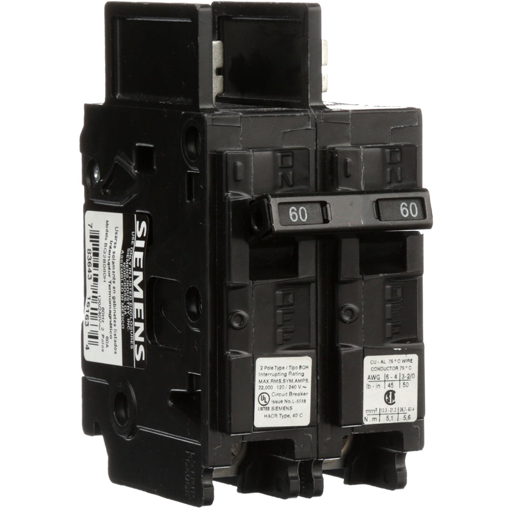 Siemens BQ2B060H Circuit Breaker | 120/240V 60A 2P 22kA@240V Bolt-on BQ Series
